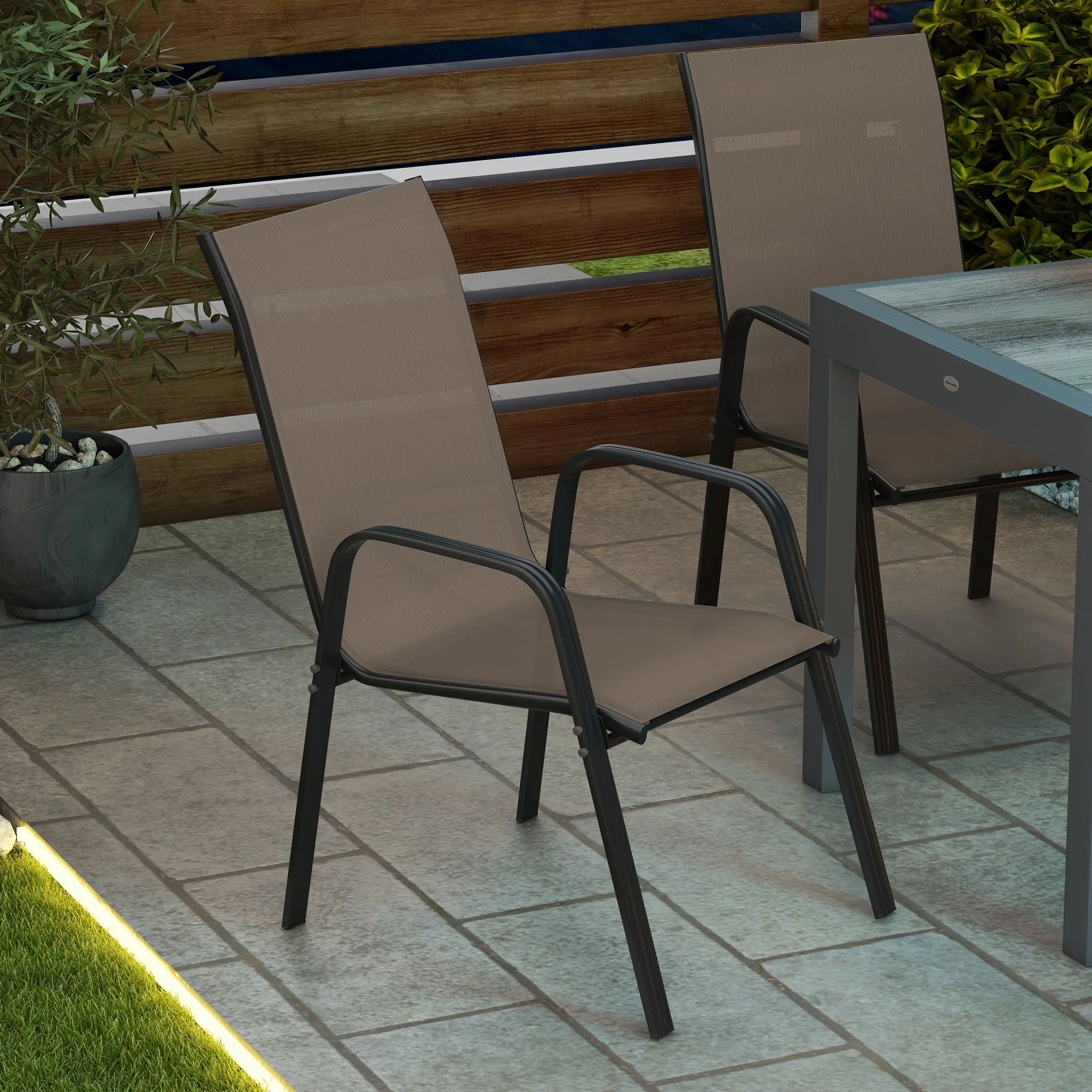 Outsunny Set of 4 Garden Dining Chair Set Outdoor w/ High Back Armrest Grey - Image 9