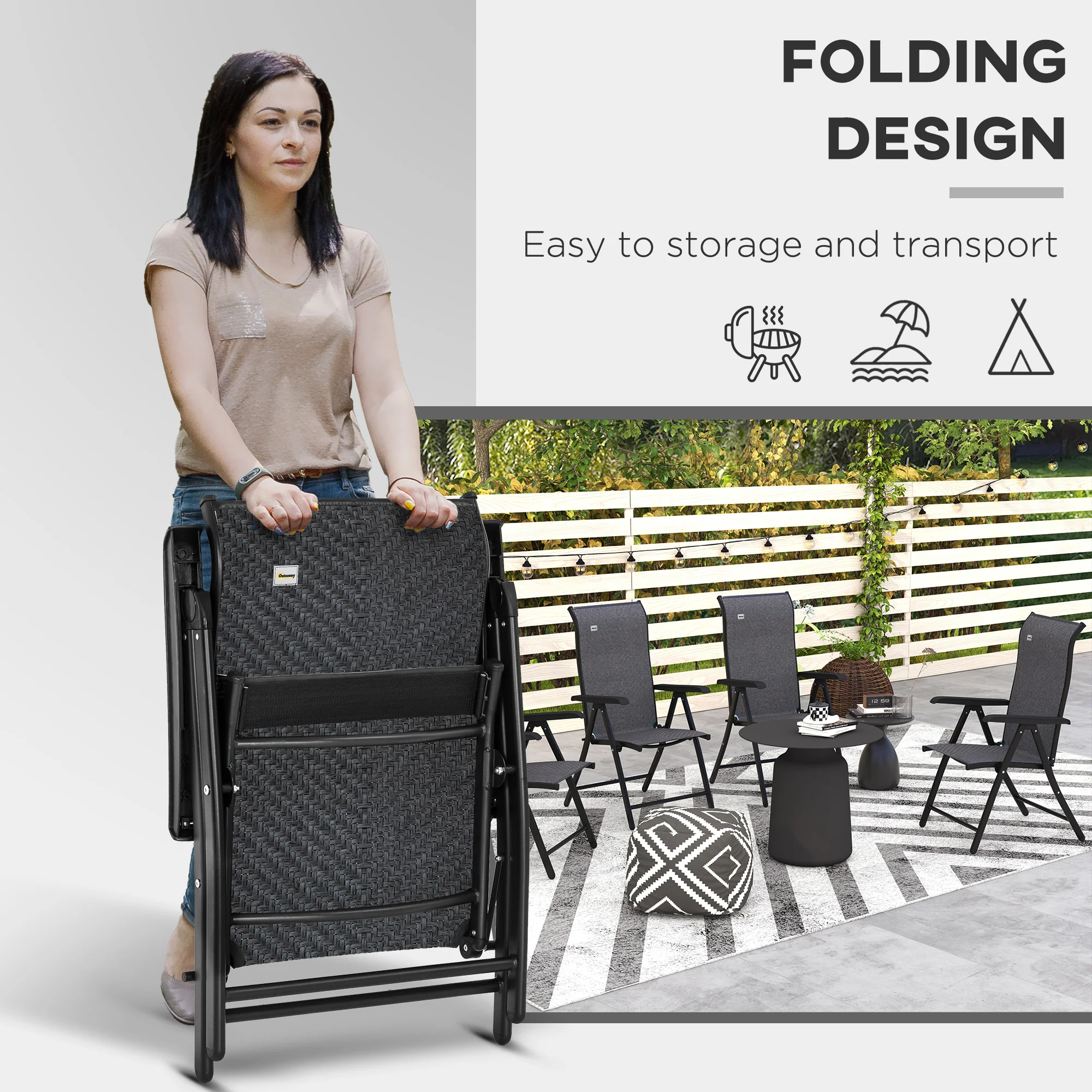 Outsunny Set of 4 Outdoor Rattan Folding Chair w/ Adjustable Backrest Grey - Image 3