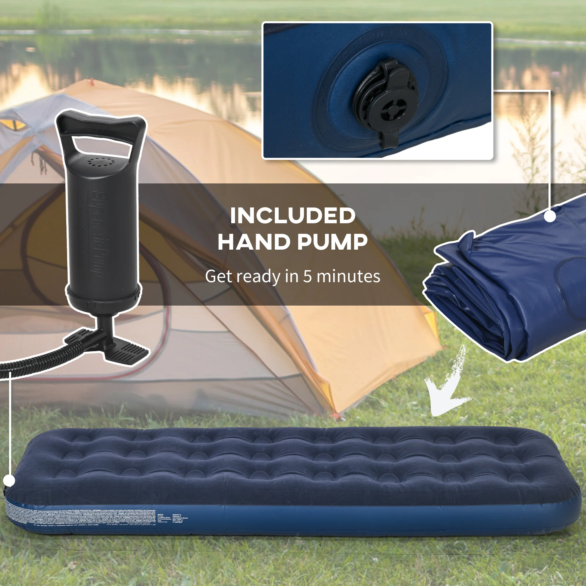 Outsunny Single Air Mattress, Portable Air Bed with Flocked Surface, Blue - Image 4