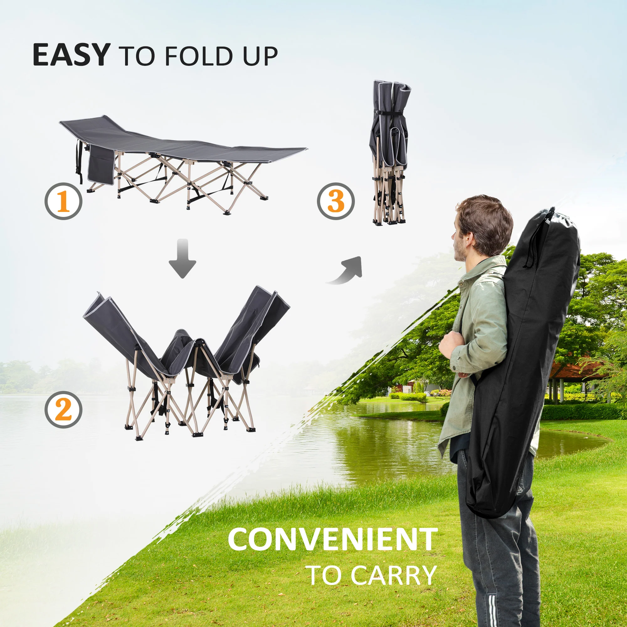 Outsunny Single Portable Outdoor Military Sleeping Bed Camping Cot Grey - Image 3