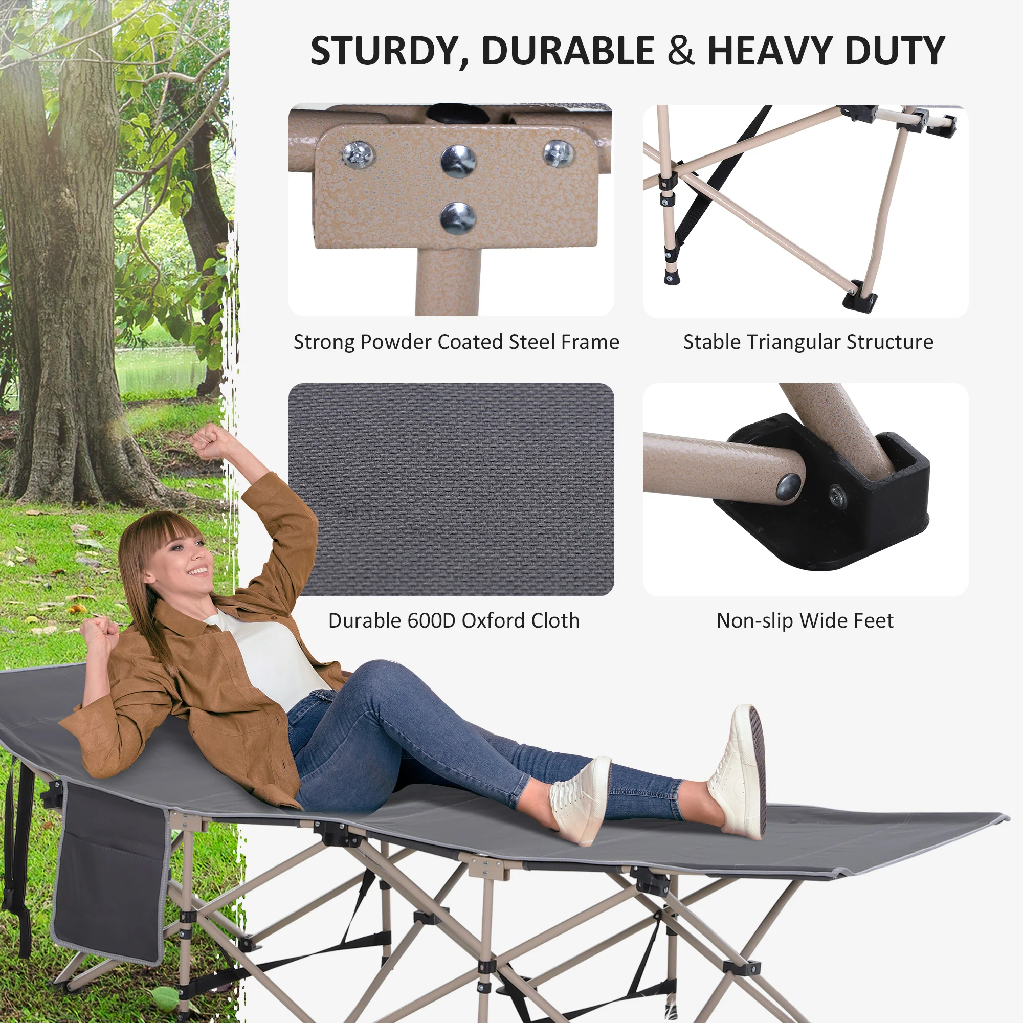 Outsunny Single Portable Outdoor Military Sleeping Bed Camping Cot Grey - Image 4
