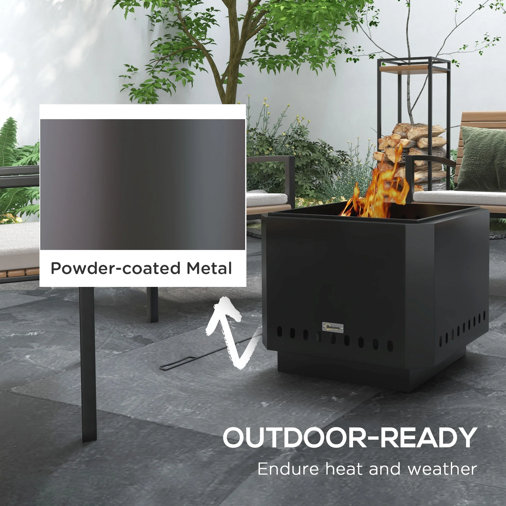 Outsunny Smokeless Fire Pit, Square Metal Bonfire Stove, Black - Image 4