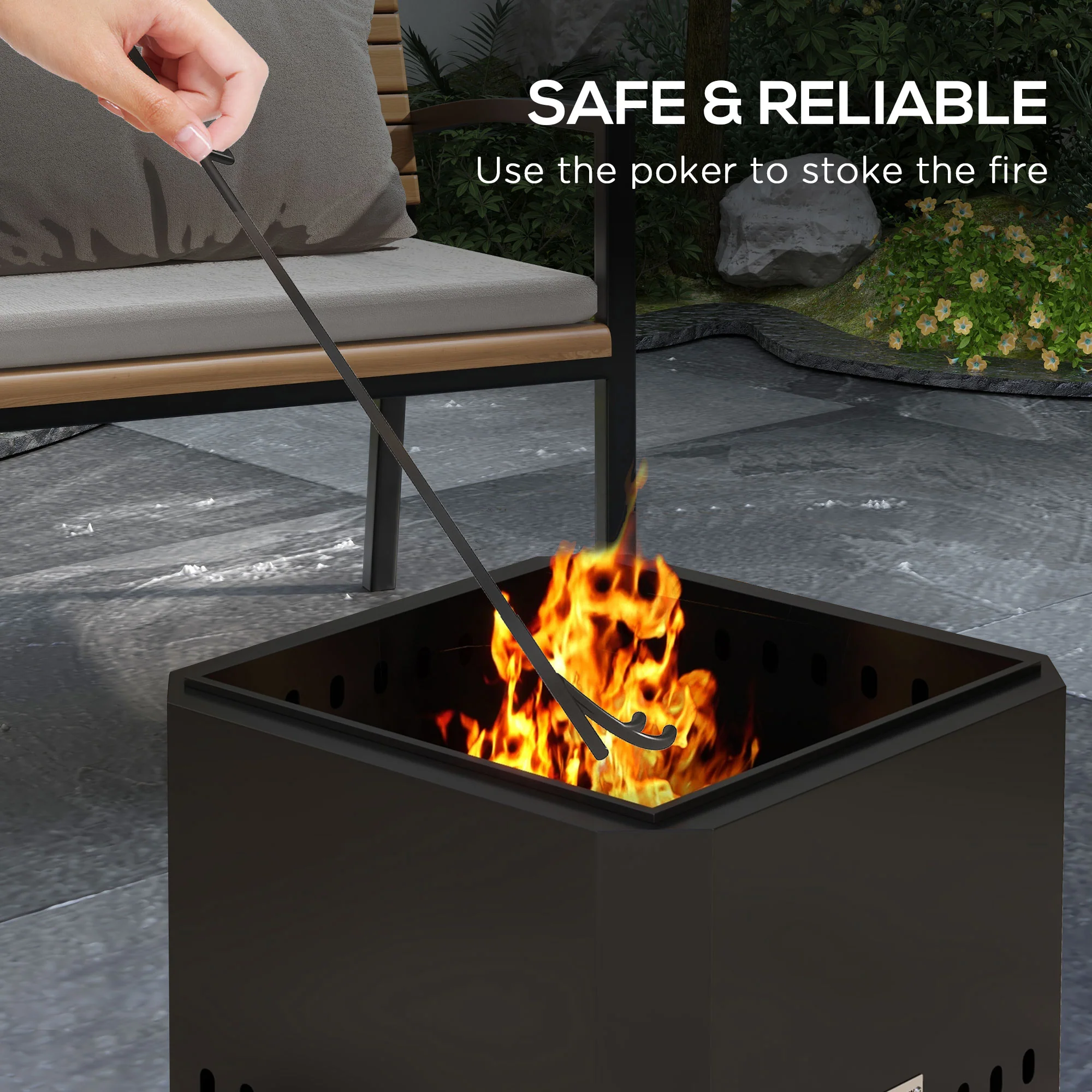 Outsunny Smokeless Fire Pit, Square Metal Bonfire Stove, Black - Image 6