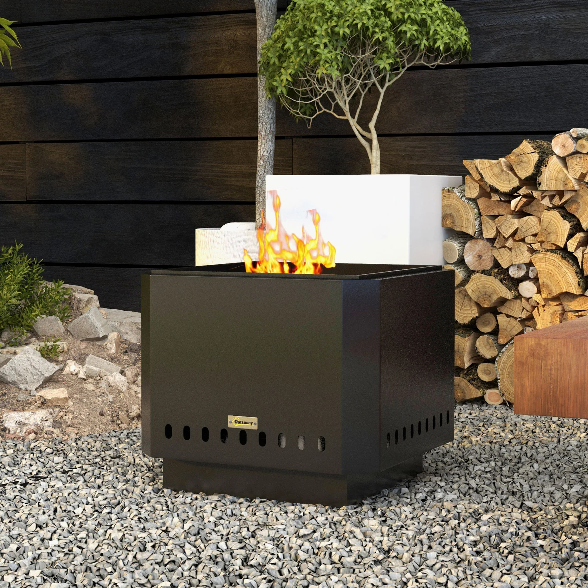 Outsunny Smokeless Fire Pit, Square Metal Bonfire Stove, Black - Image 7
