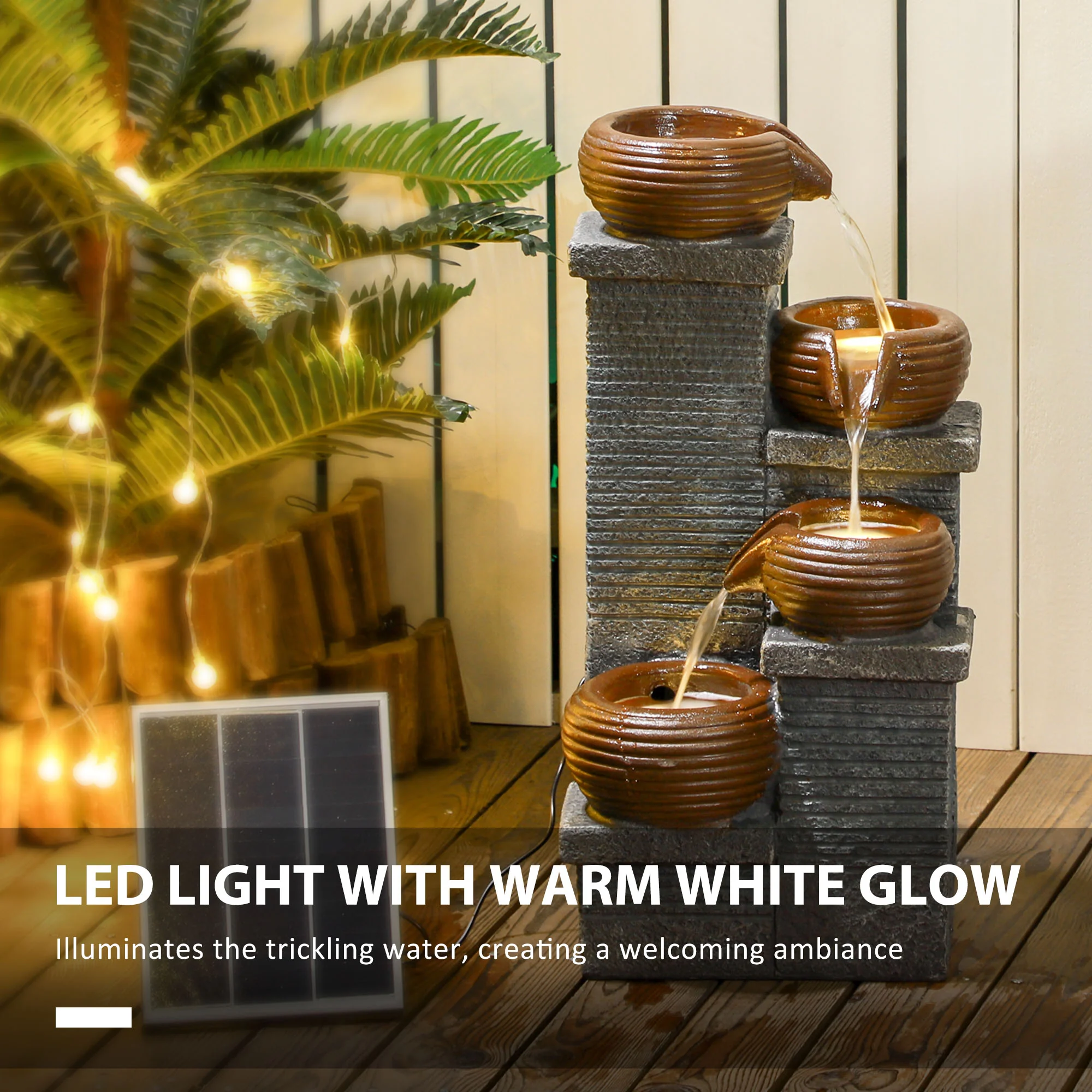 Outsunny Solar Water Feature 4 Tier Cascade Water Fountain with LED Lights - Image 3