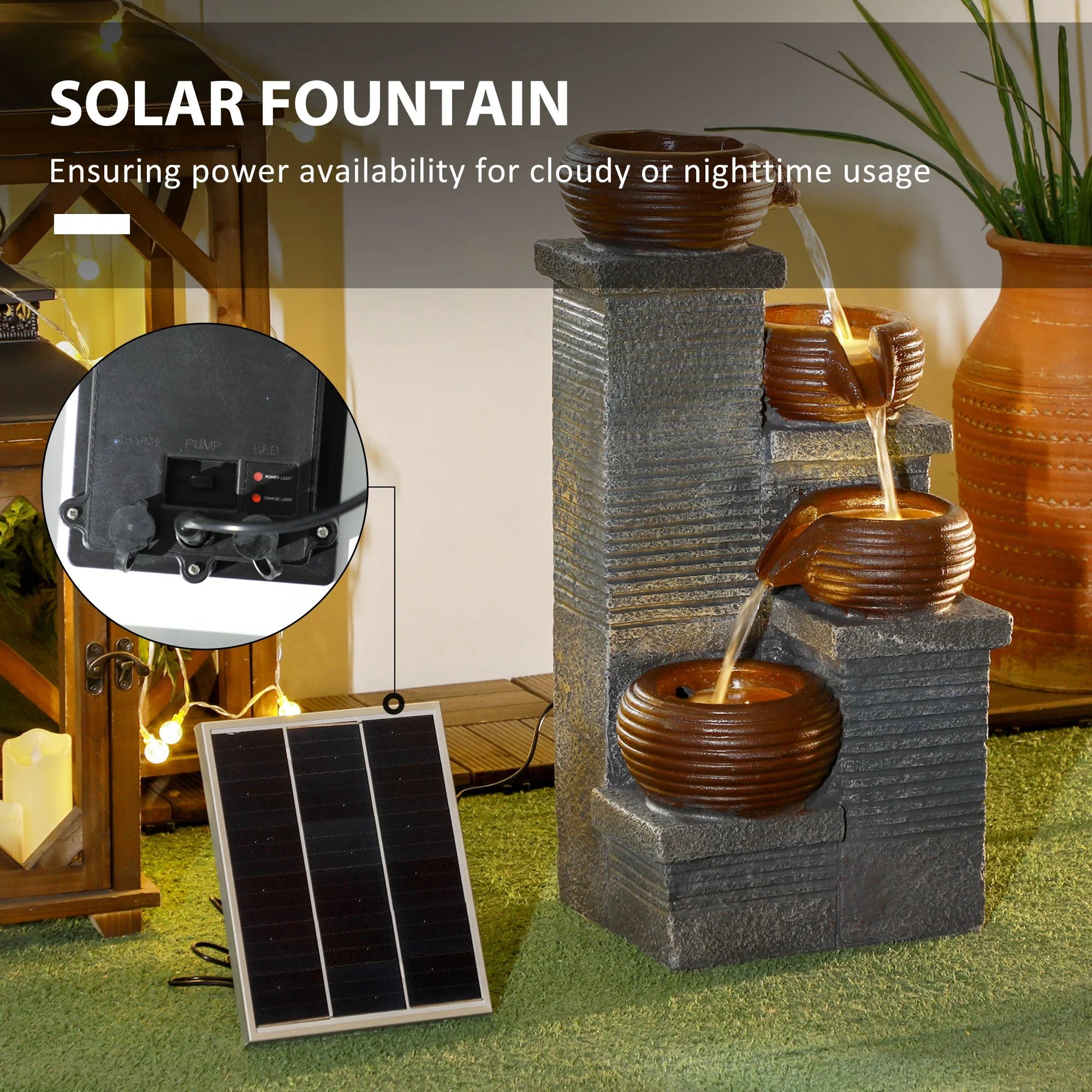 Outsunny Solar Water Feature 4 Tier Cascade Water Fountain with LED Lights - Image 4