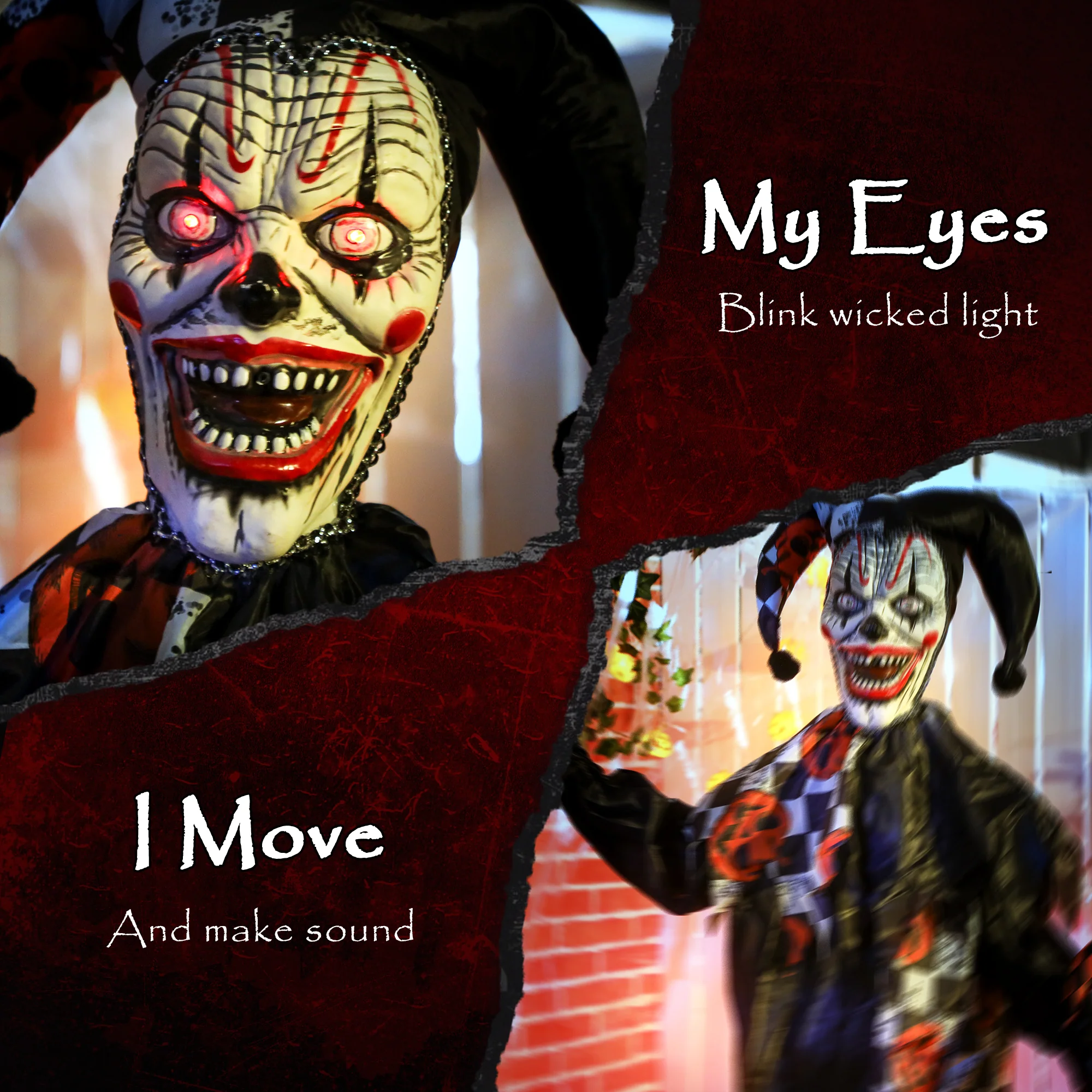 Outsunny Sound Activated Halloween Animatronics Clown with Red Light Up Eyes - Image 4