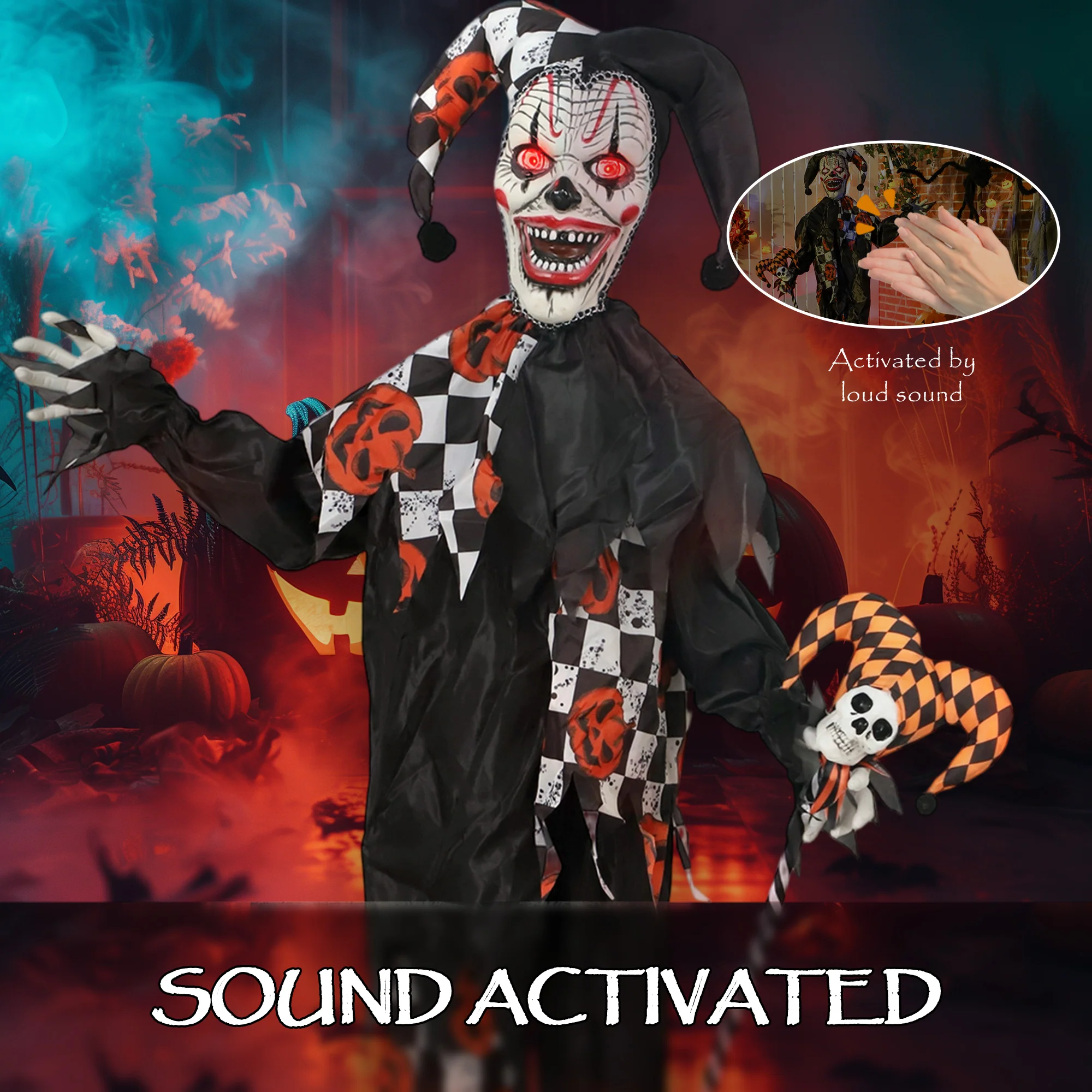 Outsunny Sound Activated Halloween Animatronics Clown with Red Light Up Eyes - Image 5