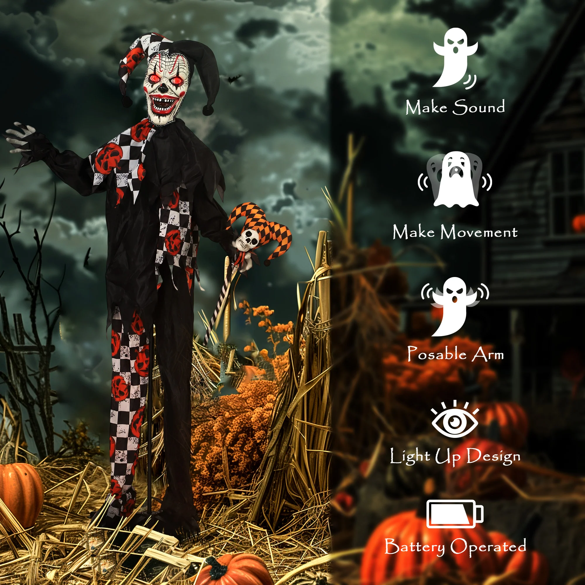 Outsunny Sound Activated Halloween Animatronics Clown with Red Light Up Eyes - Image 6