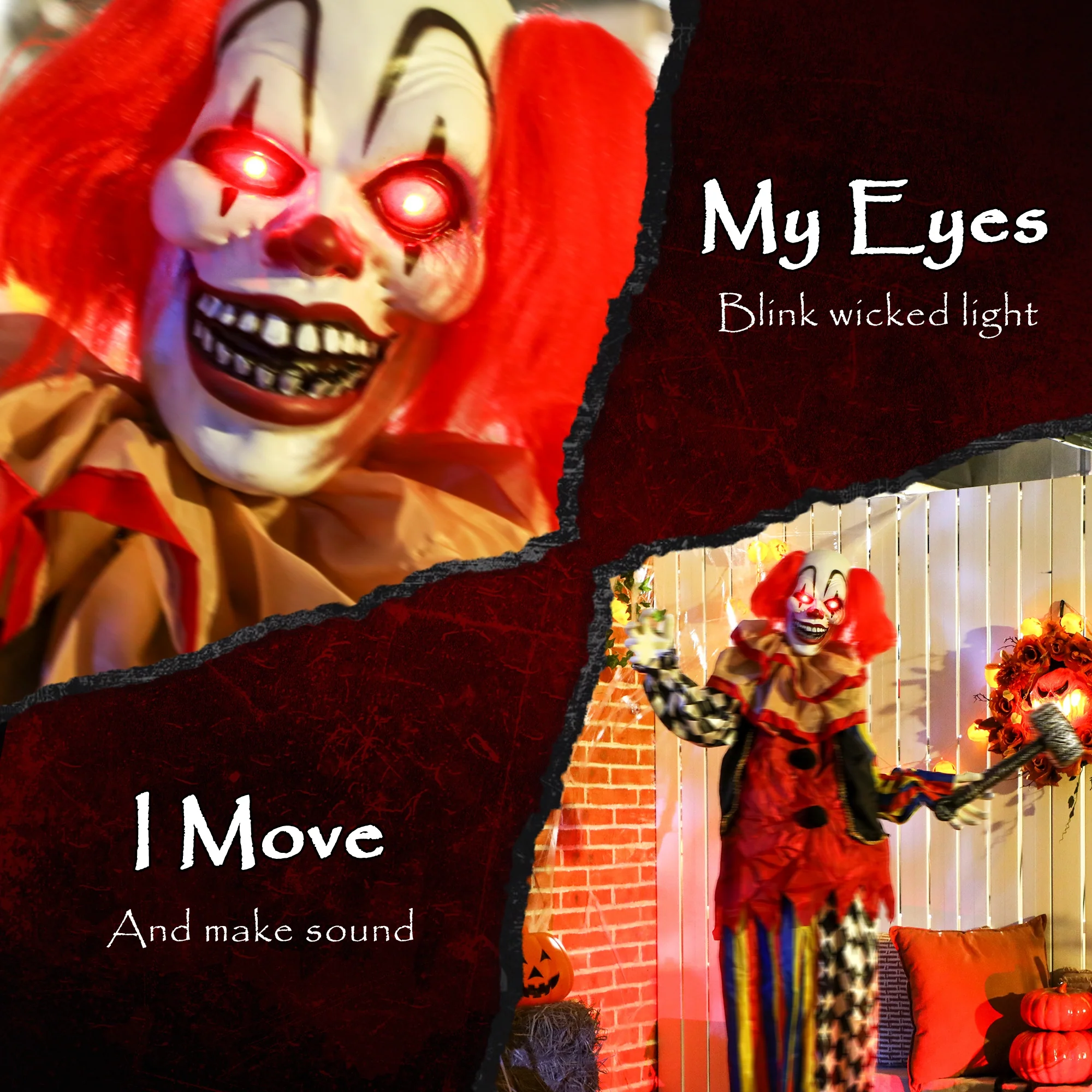 Outsunny Sound Activated Halloween Animatronics Clown with Red Light Up Eyes - Image 4