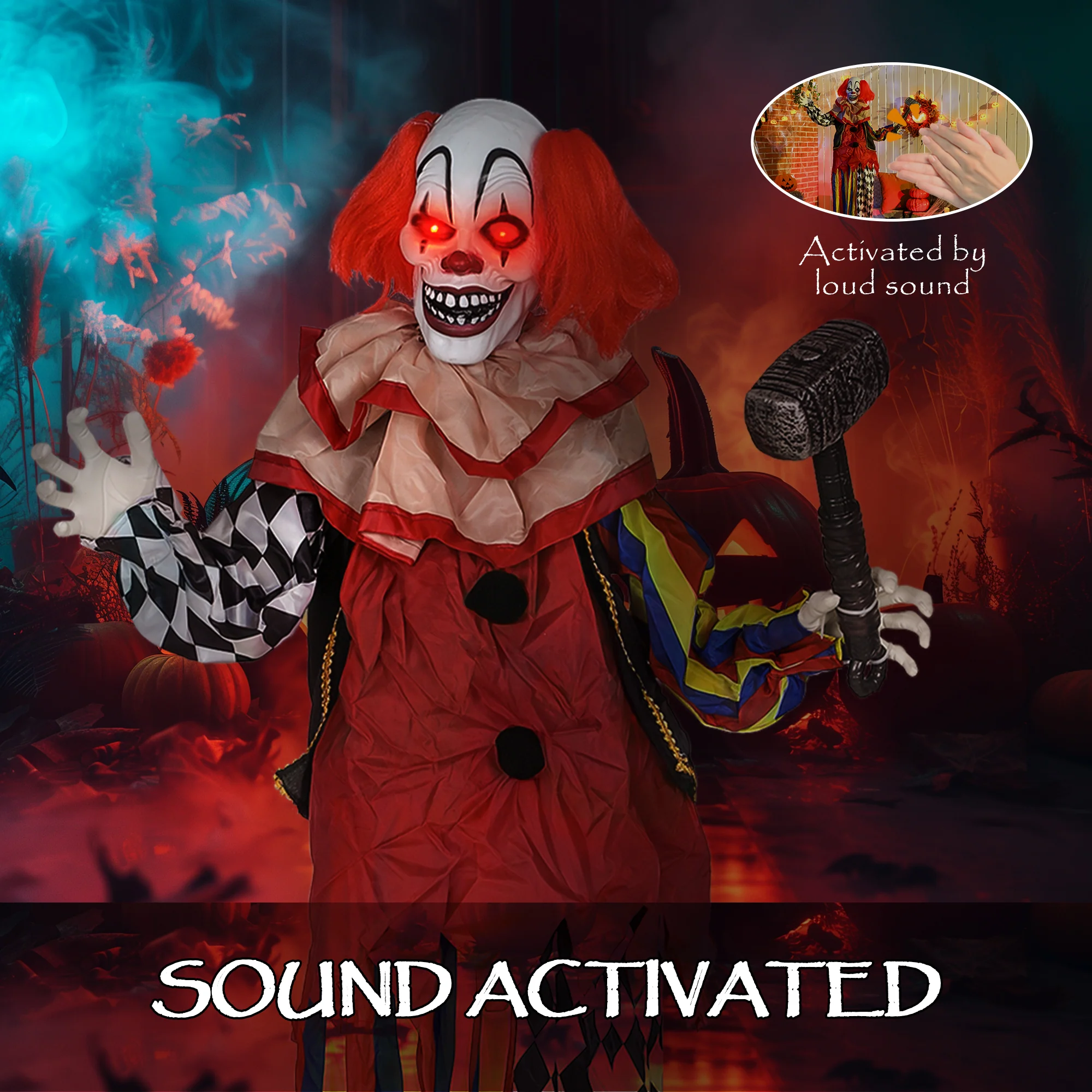 Outsunny Sound Activated Halloween Animatronics Clown with Red Light Up Eyes - Image 5