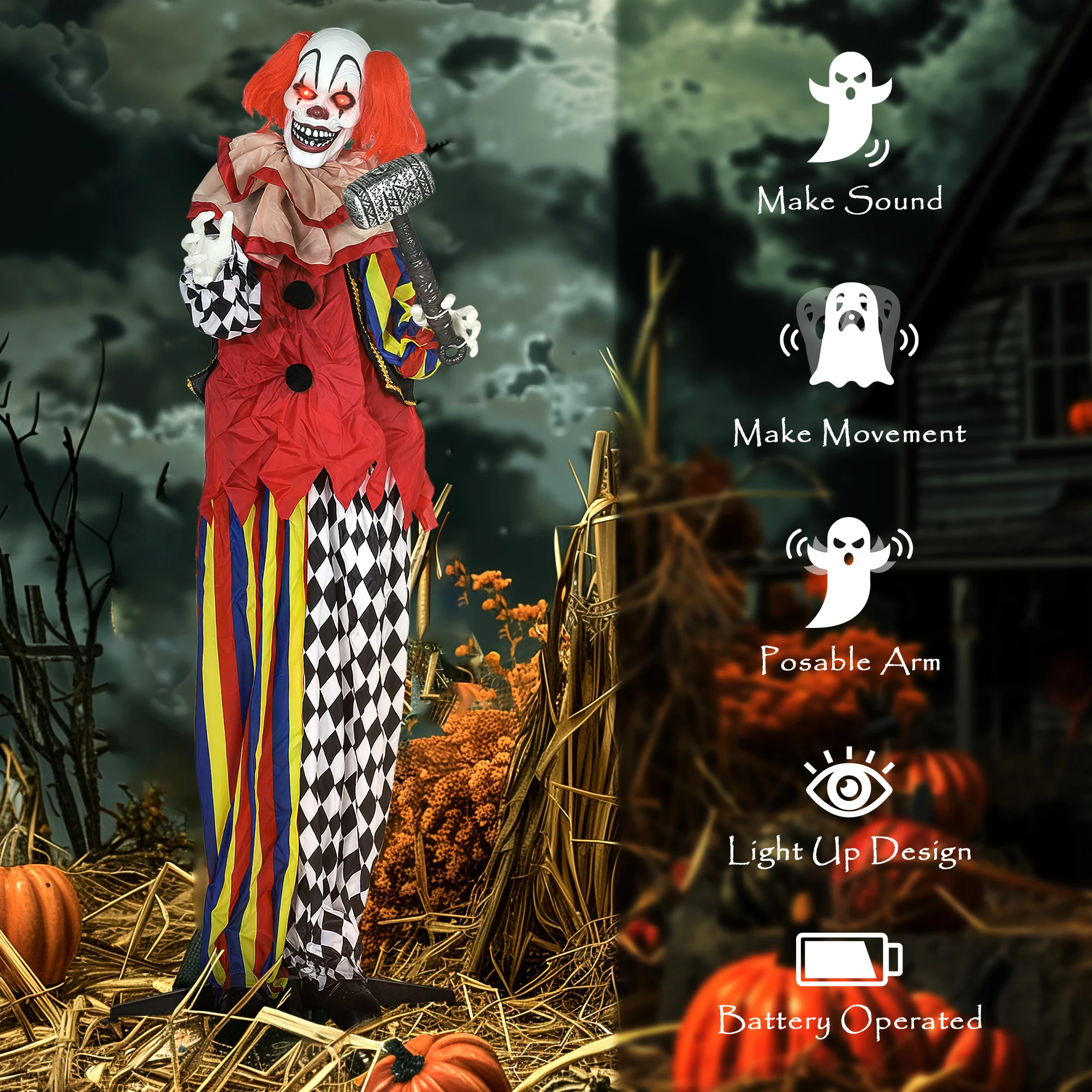 Outsunny Sound Activated Halloween Animatronics Clown with Red Light Up Eyes - Image 6