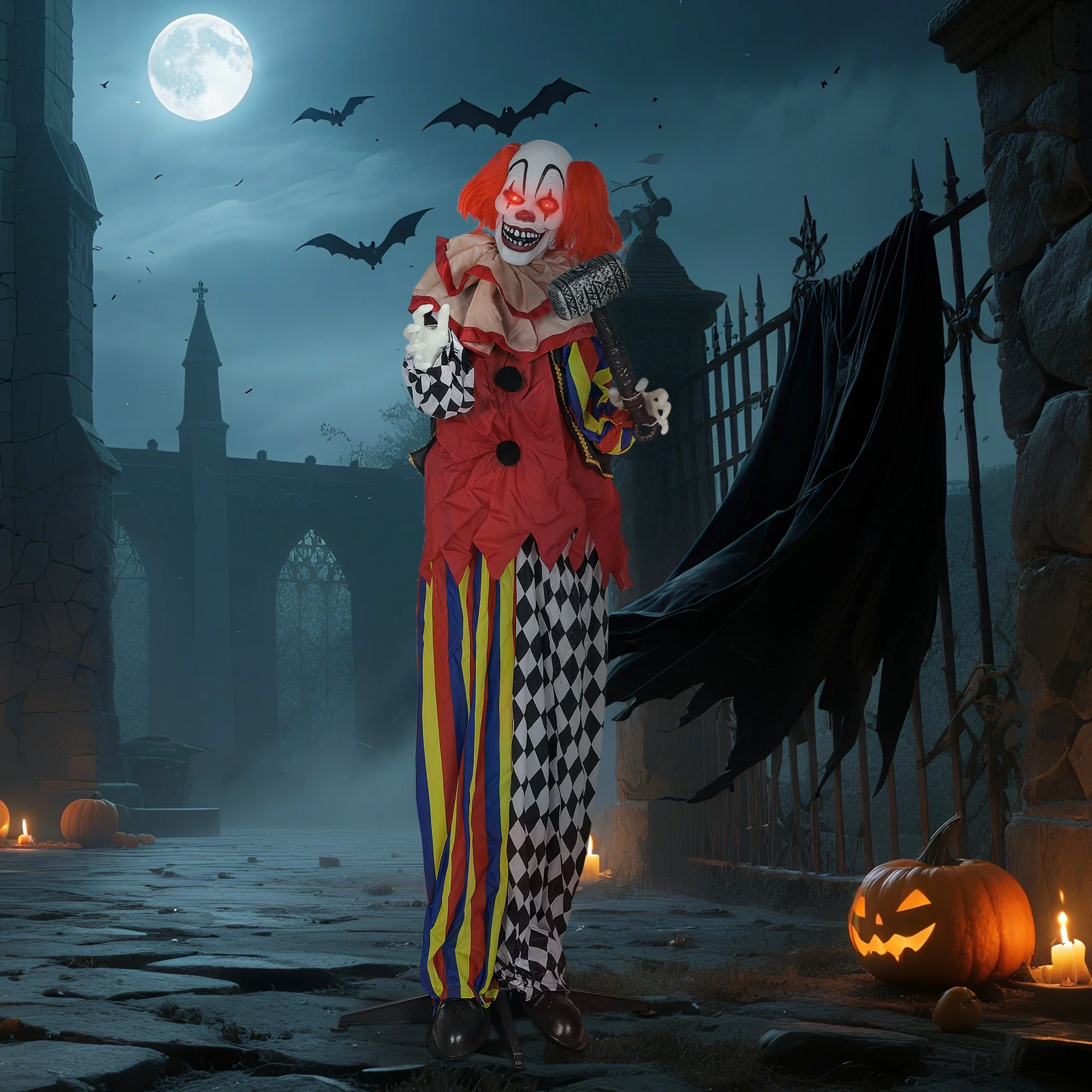 Outsunny Sound Activated Halloween Animatronics Clown with Red Light Up Eyes - Image 9