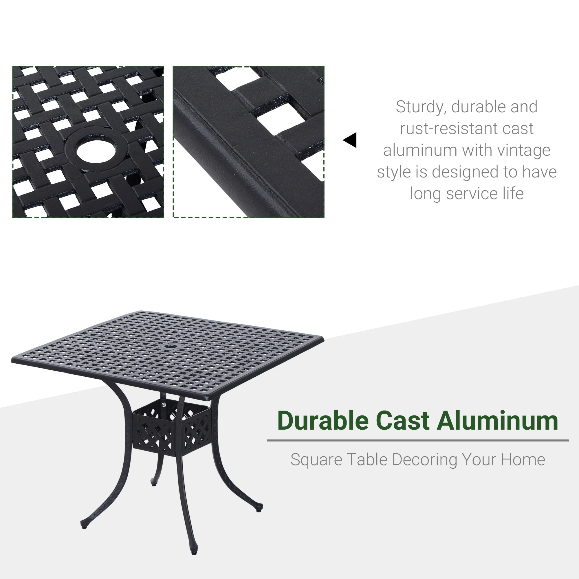 Outsunny Square Aluminium Outdoor Garden Dining Table with Umbrella Hole, Black - Image 3