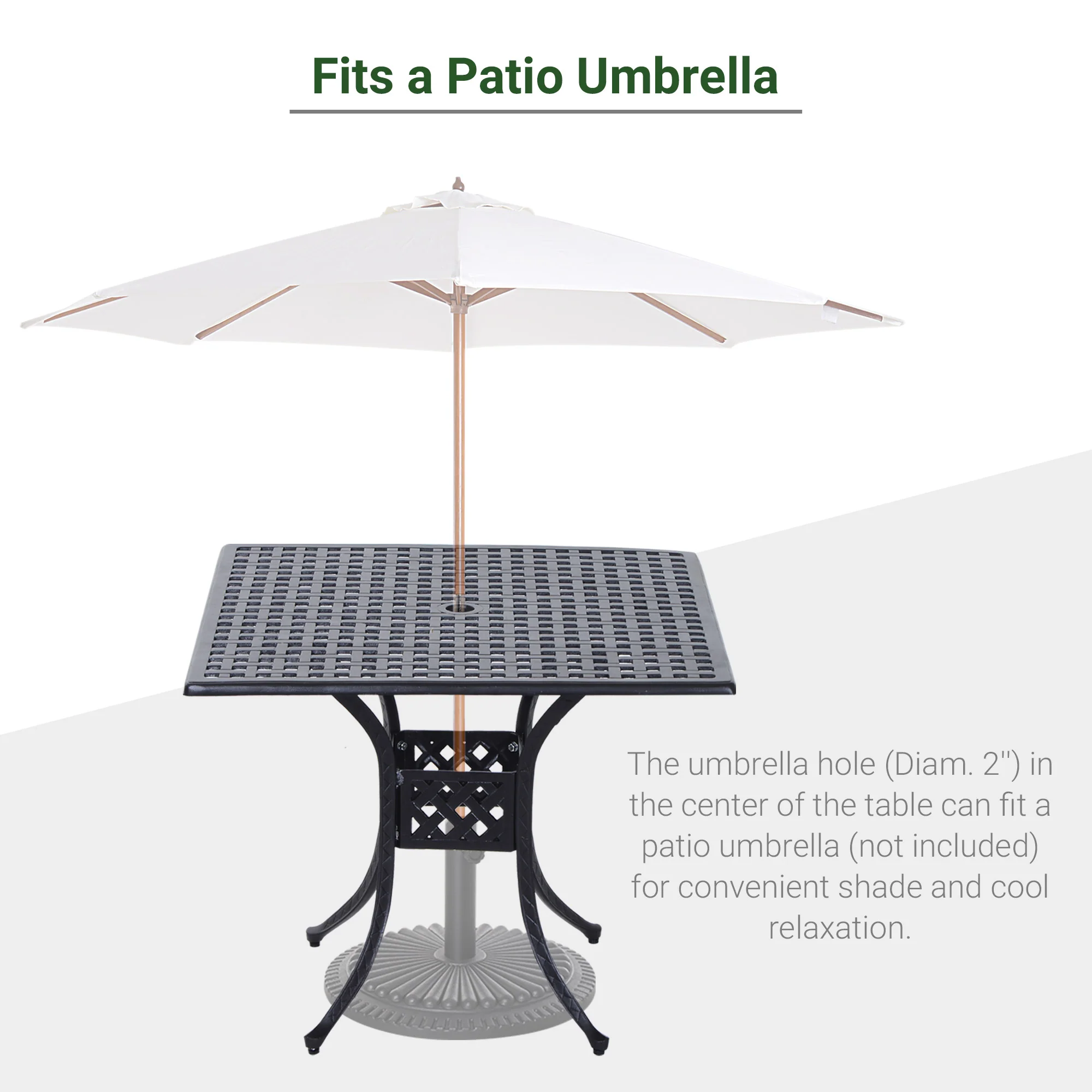 Outsunny Square Aluminium Outdoor Garden Dining Table with Umbrella Hole, Black - Image 4