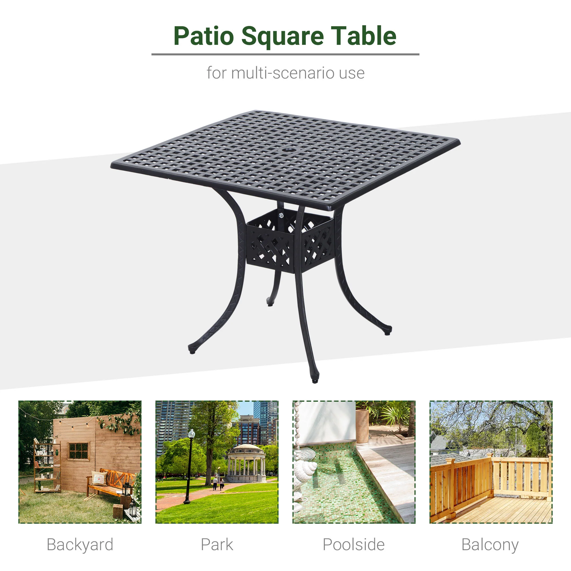 Outsunny Square Aluminium Outdoor Garden Dining Table with Umbrella Hole, Black - Image 6