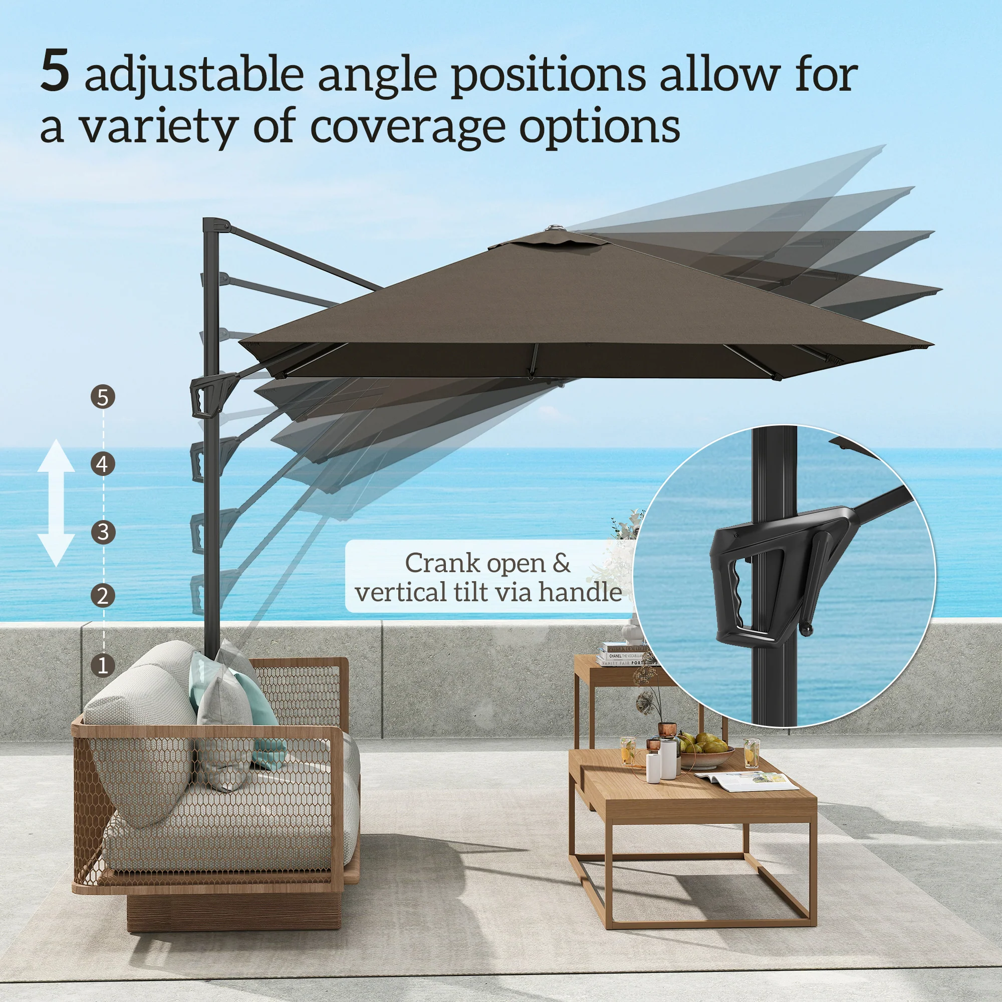 Outsunny Square Cantilever Roma Parasol 360° Rotation w/ Hand Crank, Tan - Image 4