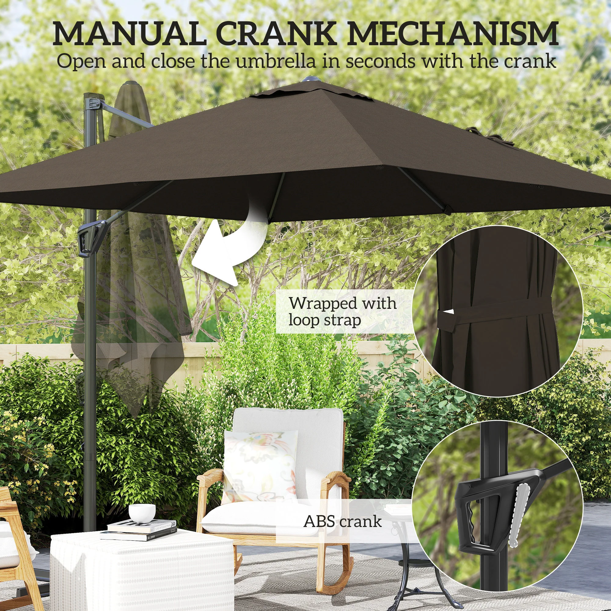 Outsunny Square Cantilever Roma Parasol 360° Rotation w/ Hand Crank, Tan - Image 6