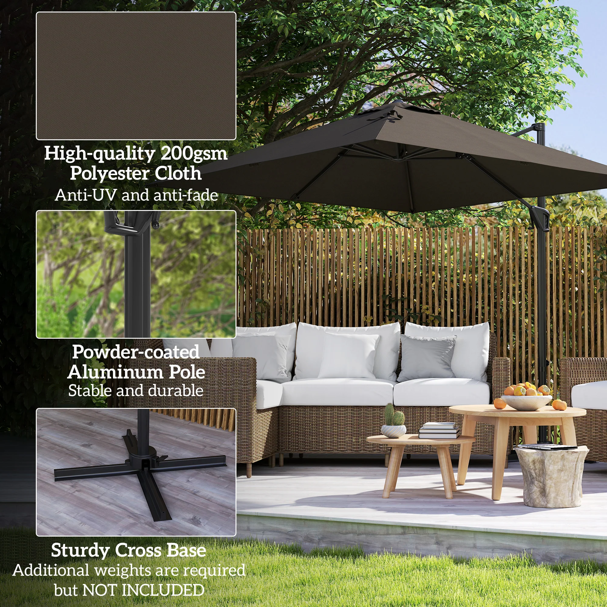 Outsunny Square Cantilever Roma Parasol 360° Rotation w/ Hand Crank, Tan - Image 7