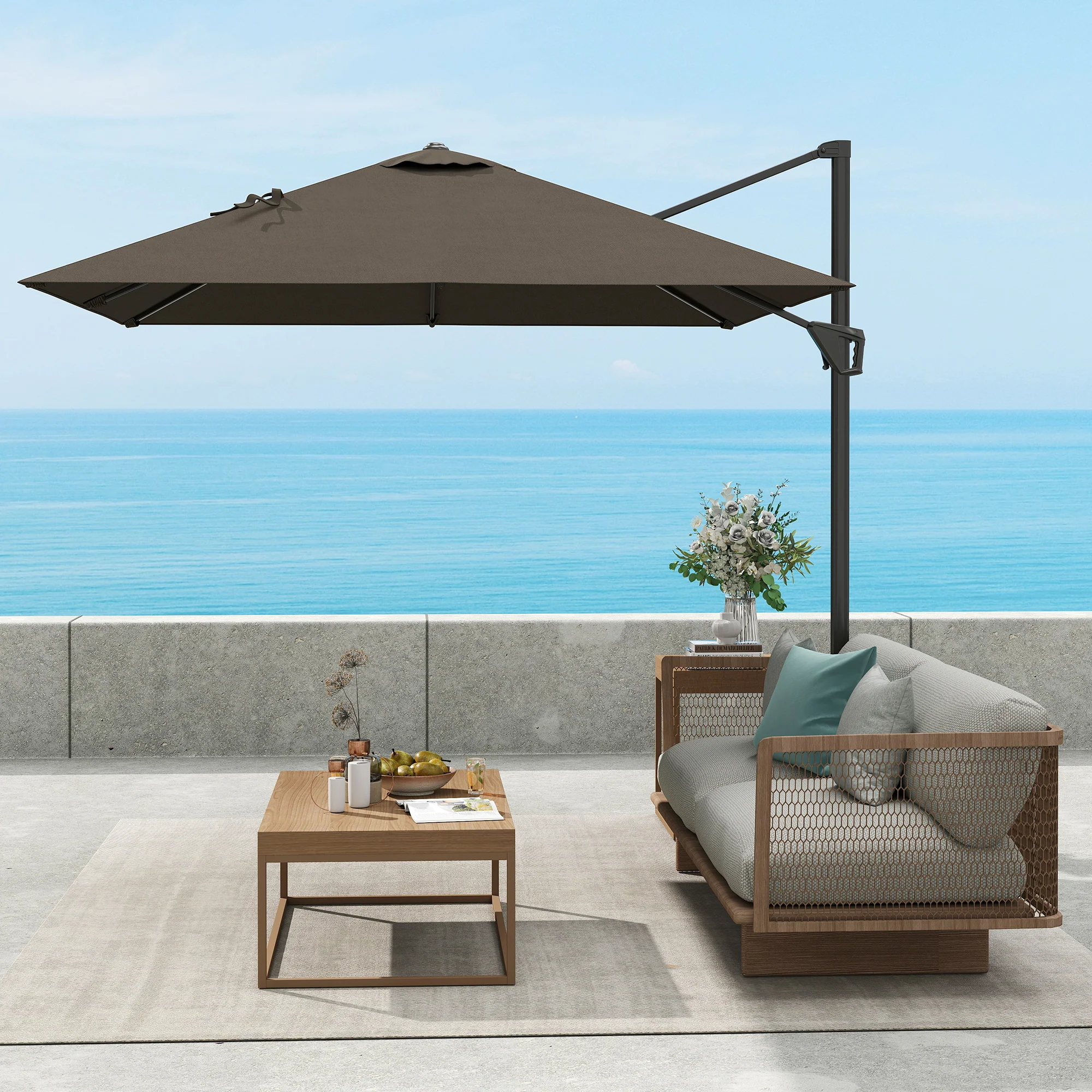 Outsunny Square Cantilever Roma Parasol 360° Rotation w/ Hand Crank, Tan - Image 9