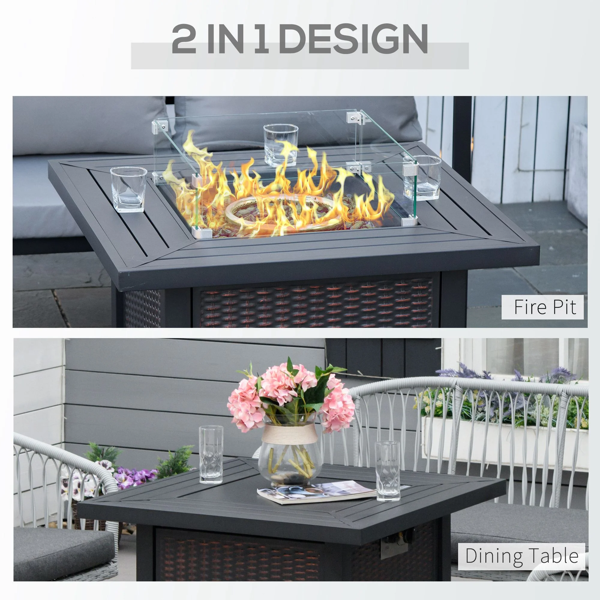 Outsunny Square Propane Gas Fire Pit Table, 50000 BTU Rattan Smokeless Firepit Patio Heater with Glass Screen, Glass Beads and Lid, 82cm x 82cm x 66cm, Black - Image 3