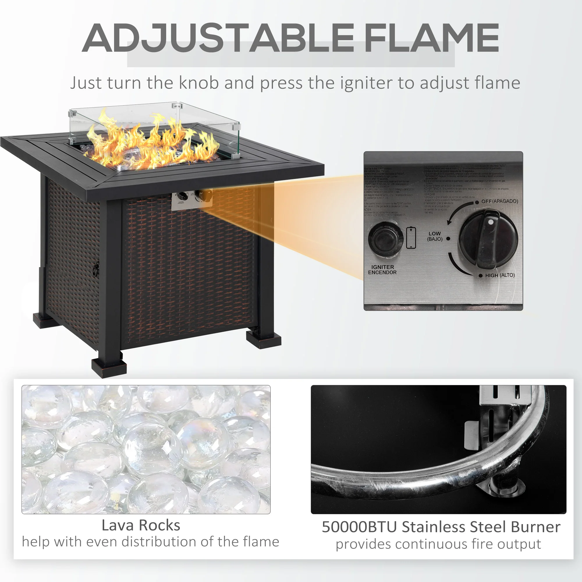 Outsunny Square Propane Gas Fire Pit Table, 50000 BTU Rattan Smokeless Firepit Patio Heater with Glass Screen, Glass Beads and Lid, 82cm x 82cm x 66cm, Black - Image 5