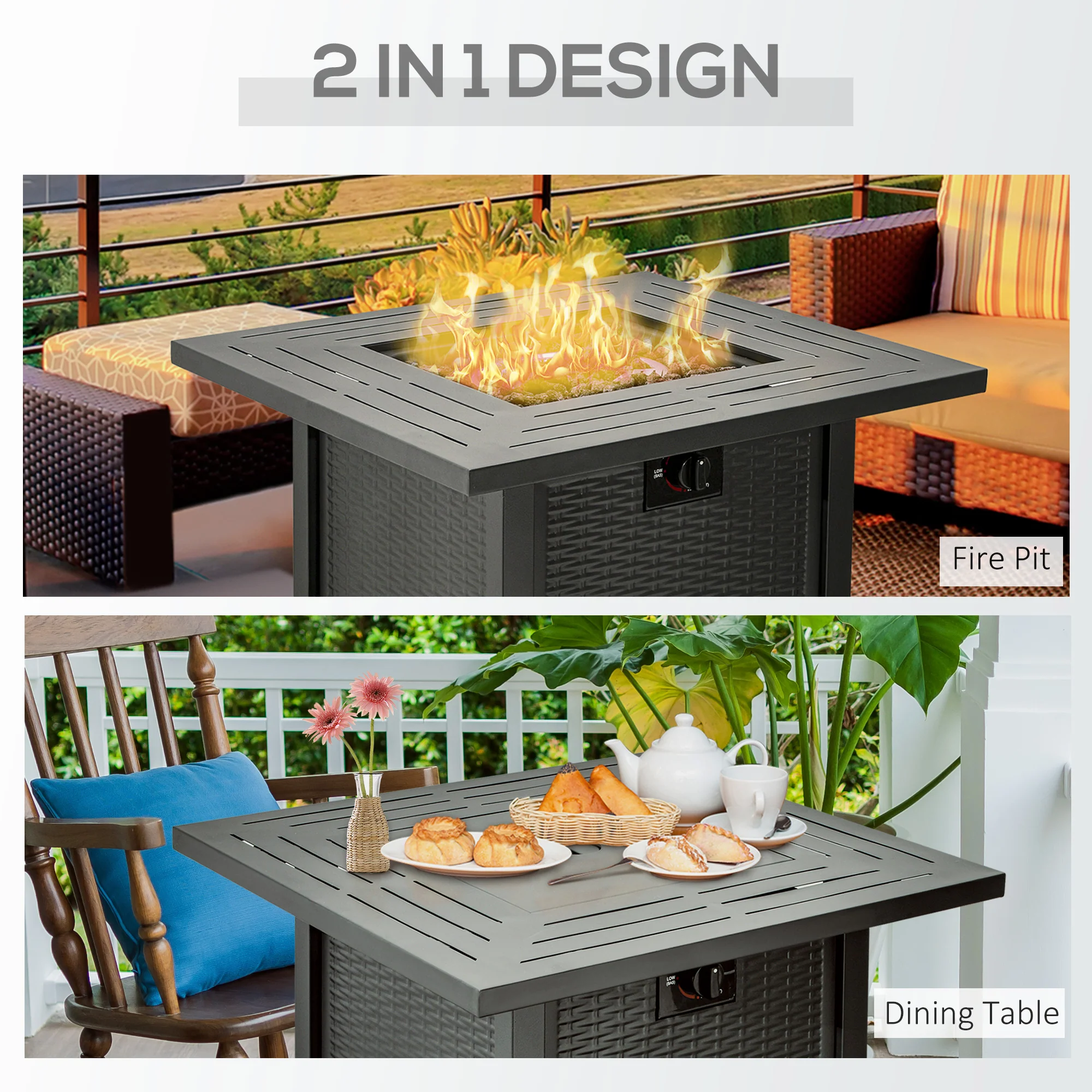 Outsunny Square Propane Gas Fire Pit Table, 50000 BTU Rattan Smokeless Firepit Patio Heater with Protective Cover, Lava Rocks and Lid, 71cm x 71cm x 62cm, Black - Image 3