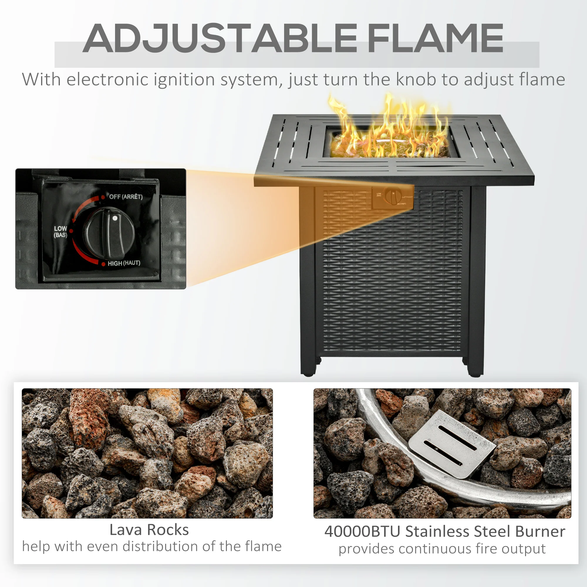 Outsunny Square Propane Gas Fire Pit Table, 50000 BTU Rattan Smokeless Firepit Patio Heater with Protective Cover, Lava Rocks and Lid, 71cm x 71cm x 62cm, Black - Image 5