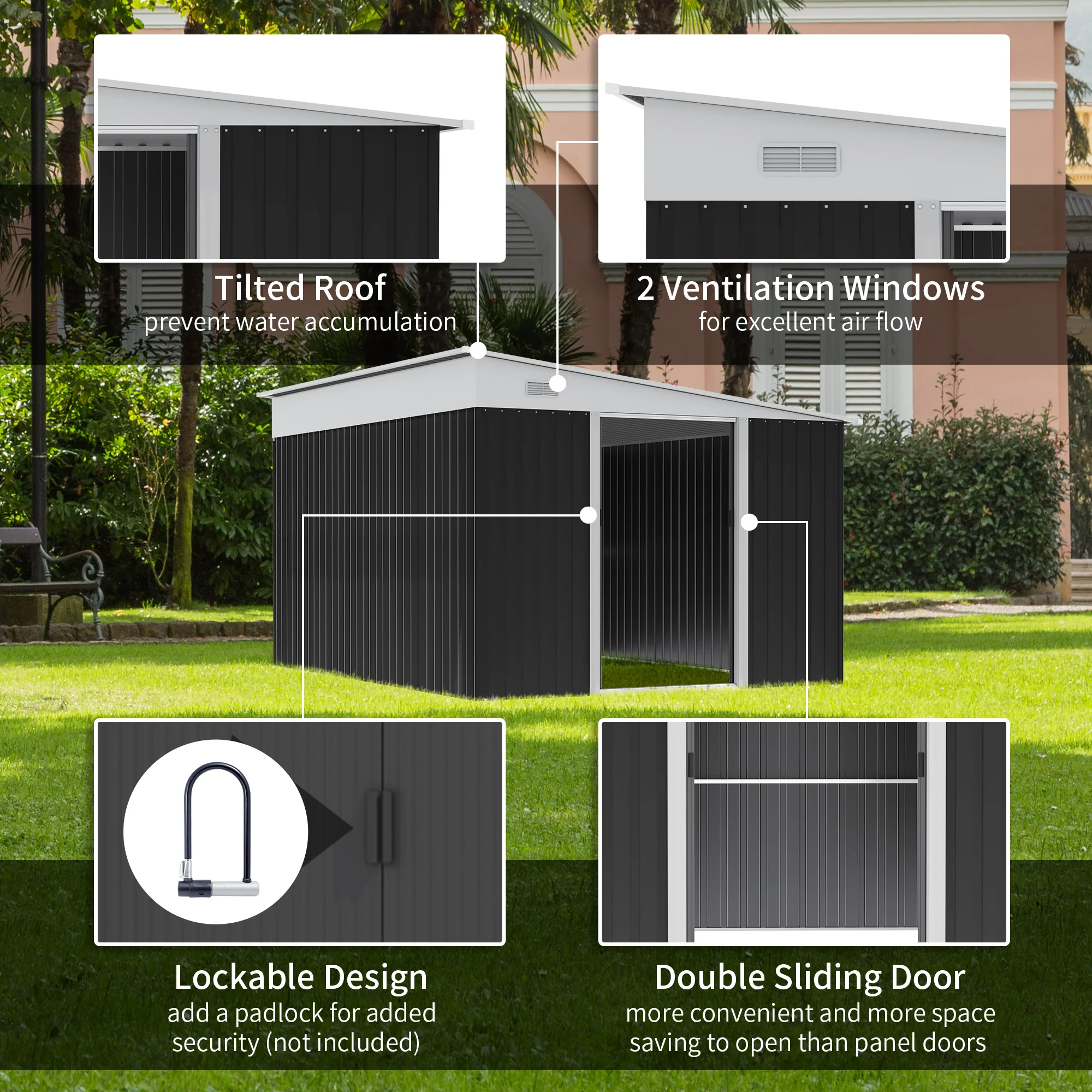 Outsunny Steel Garden Storage Shed w/ Sliding Doors Black - Image 4
