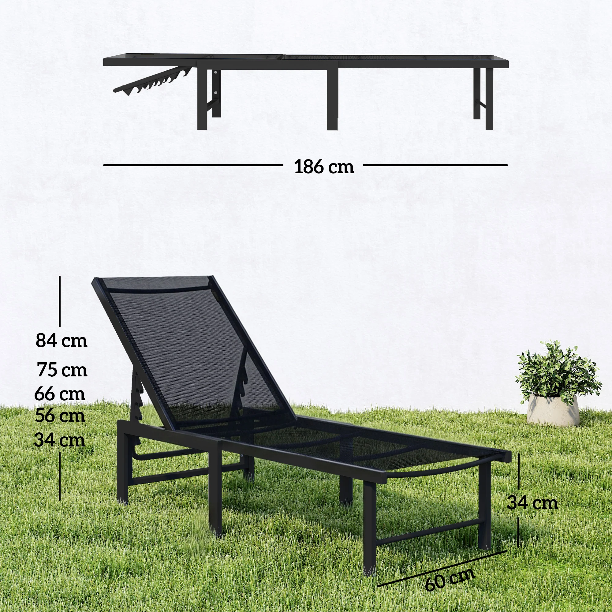 Outsunny Sun Lounger, 5-Level Reclining Sun Lounger Chair, Black - Image 3
