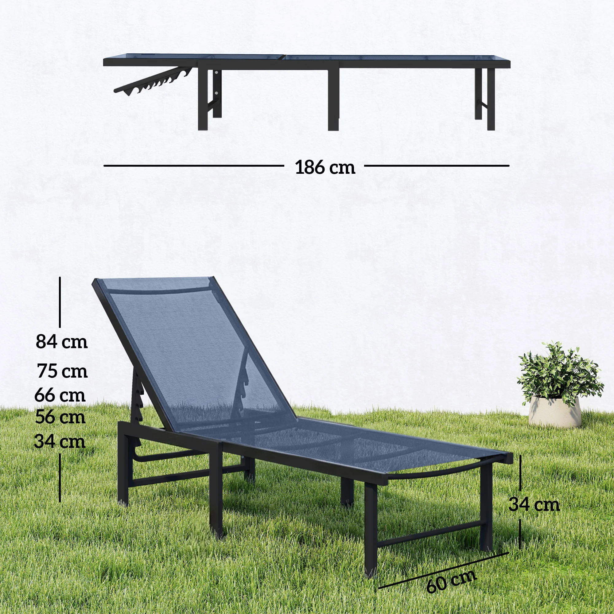 Outsunny Sun Lounger, 5-Level Reclining Sun Lounger Chair, Dark Blue - Image 3