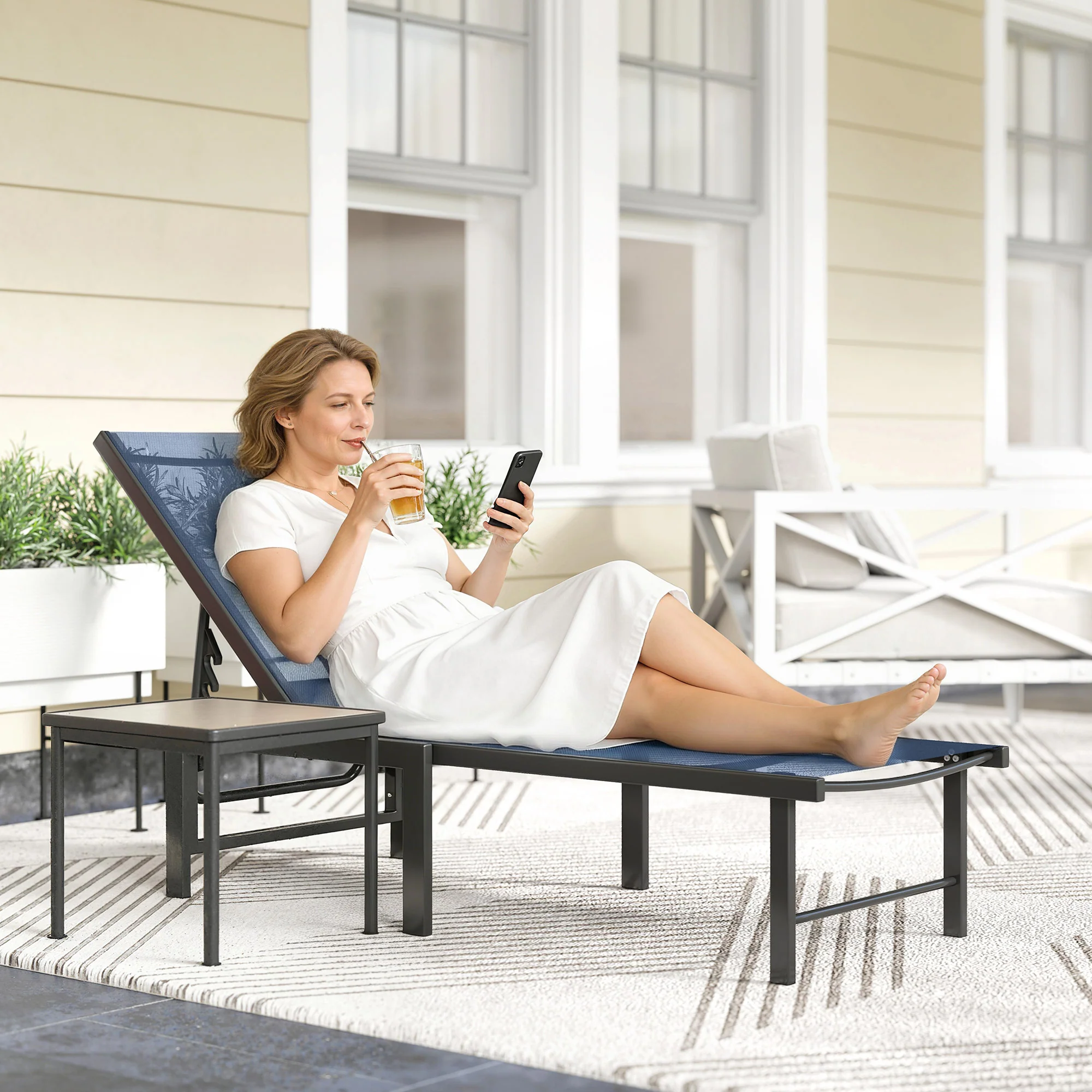 Outsunny Sun Lounger, 5-Level Reclining Sun Lounger Chair, Dark Blue - Image 9