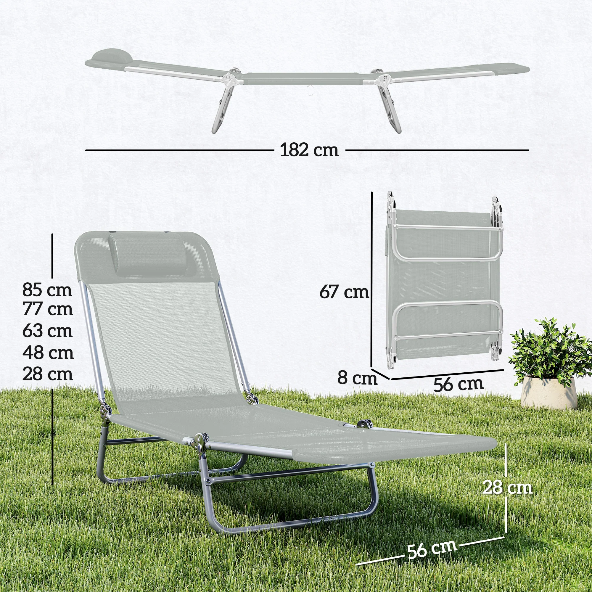 Outsunny Sun Lounger Foldable Reclining Chair with Headrest Light Grey - Image 3