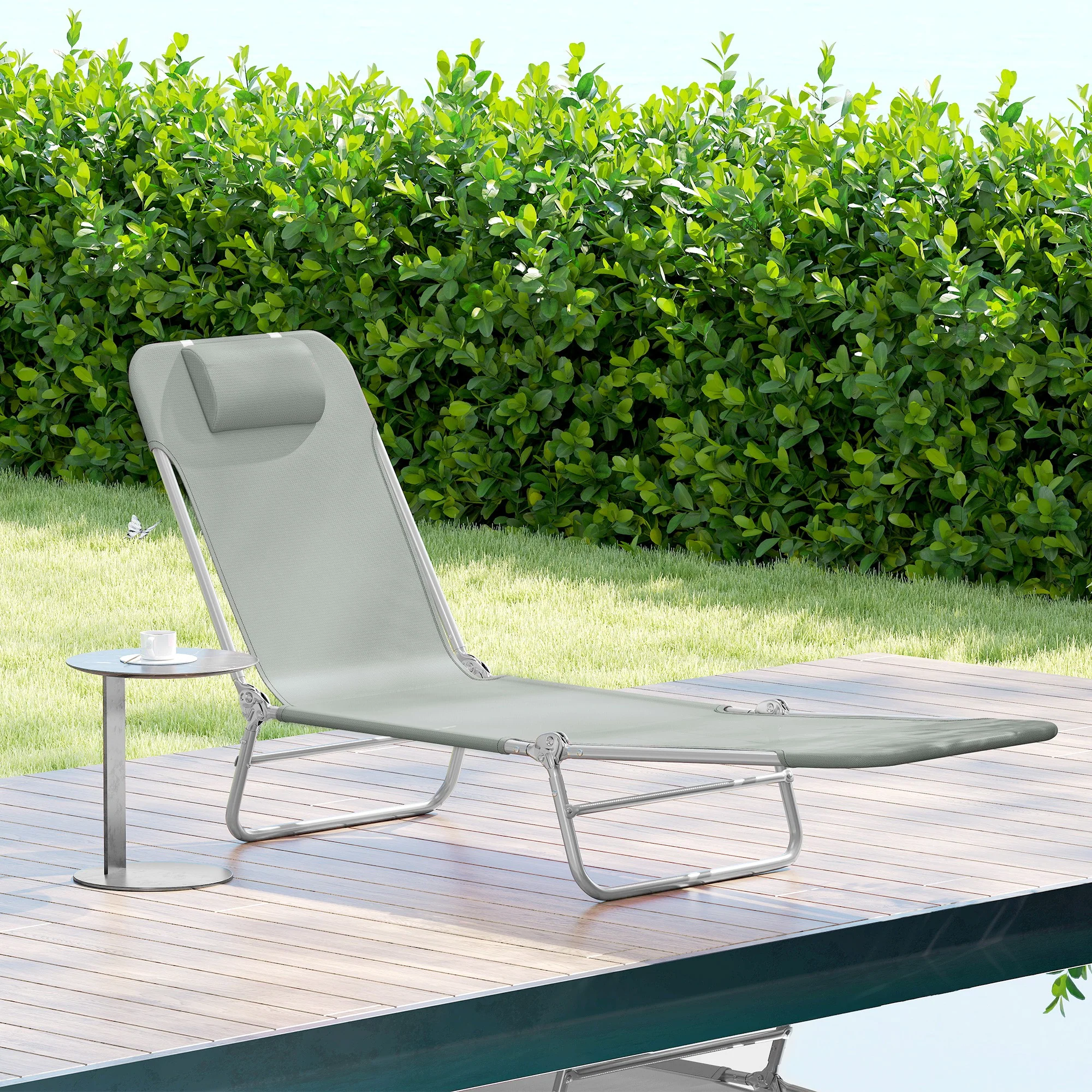 Outsunny Sun Lounger Foldable Reclining Chair with Headrest Light Grey - Image 9