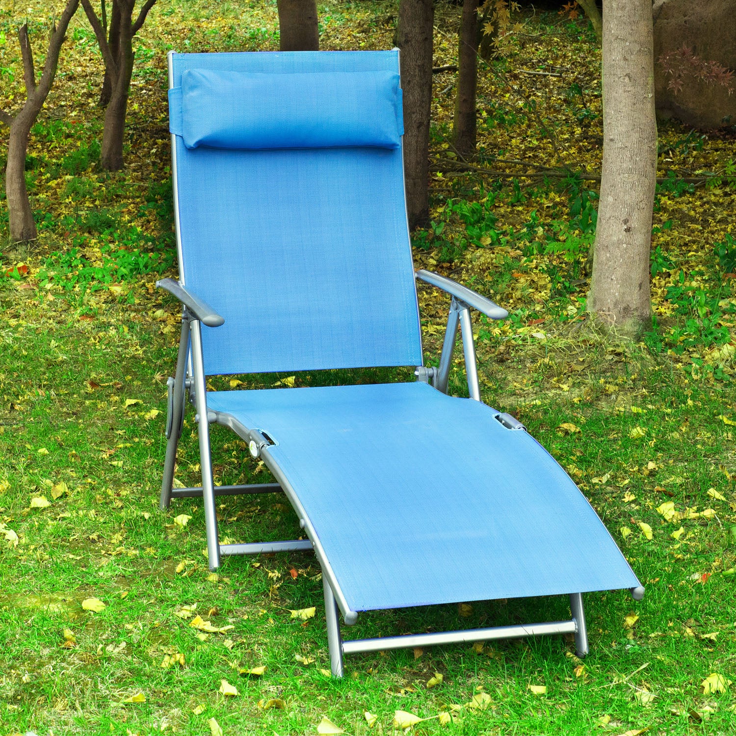 Outsunny Sun Lounger Recliner Foldable 7 Levels Texteline Blue - Image 2