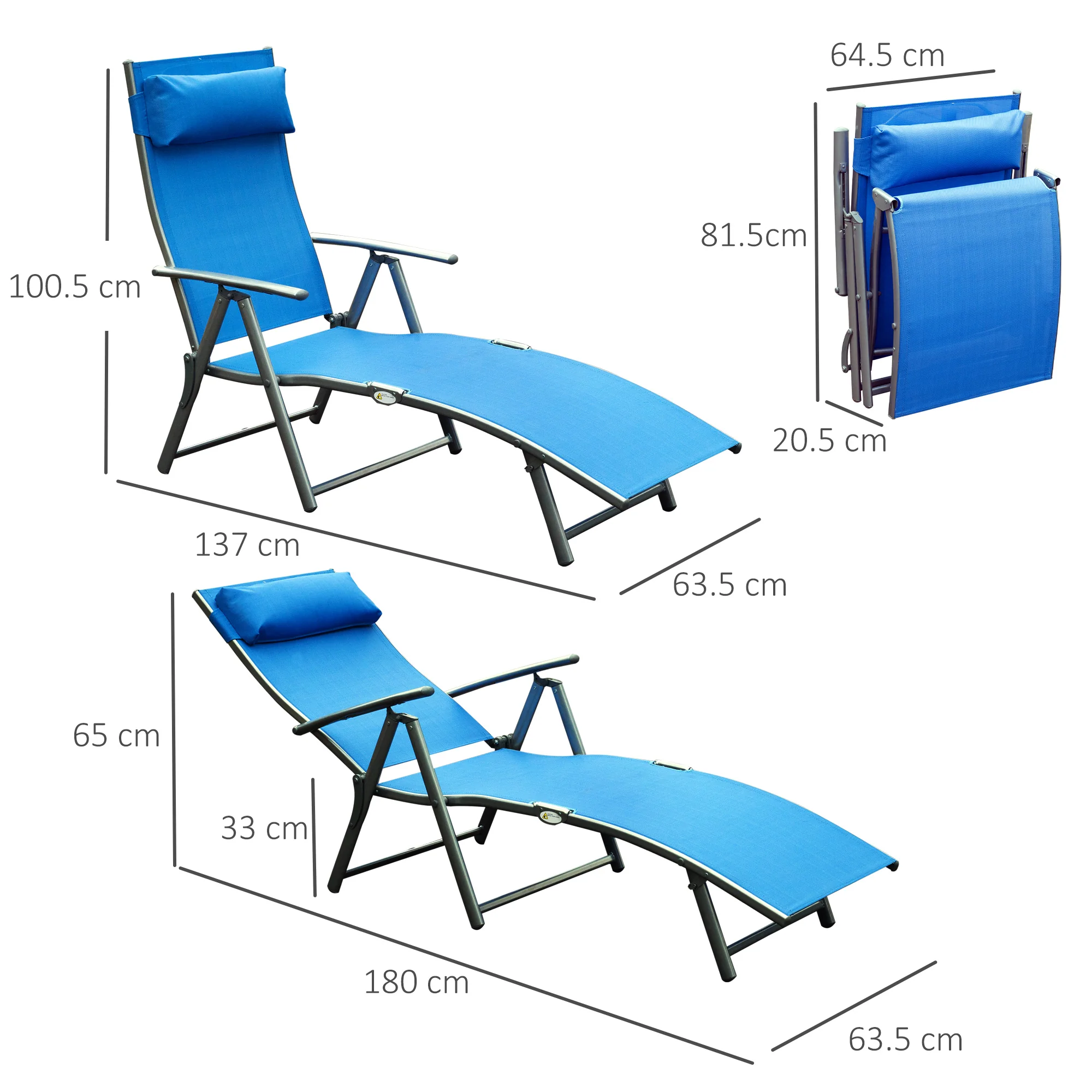 Outsunny Sun Lounger Recliner Foldable 7 Levels Texteline Blue - Image 5