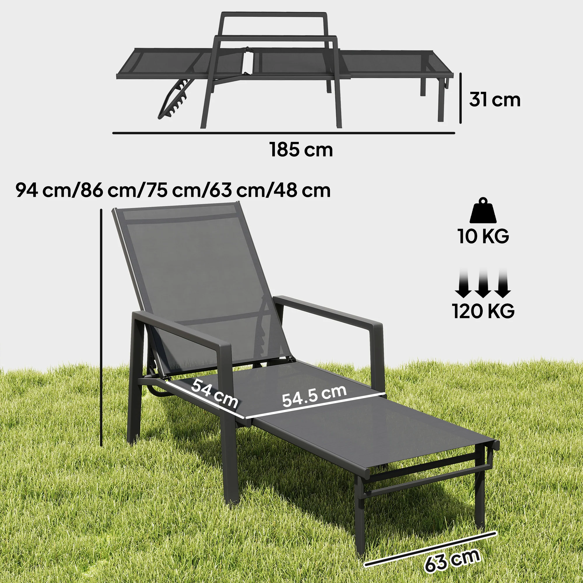 Outsunny Sun Lounger W/ Retracable Footrest, 5-Position Adjustable - Image 5