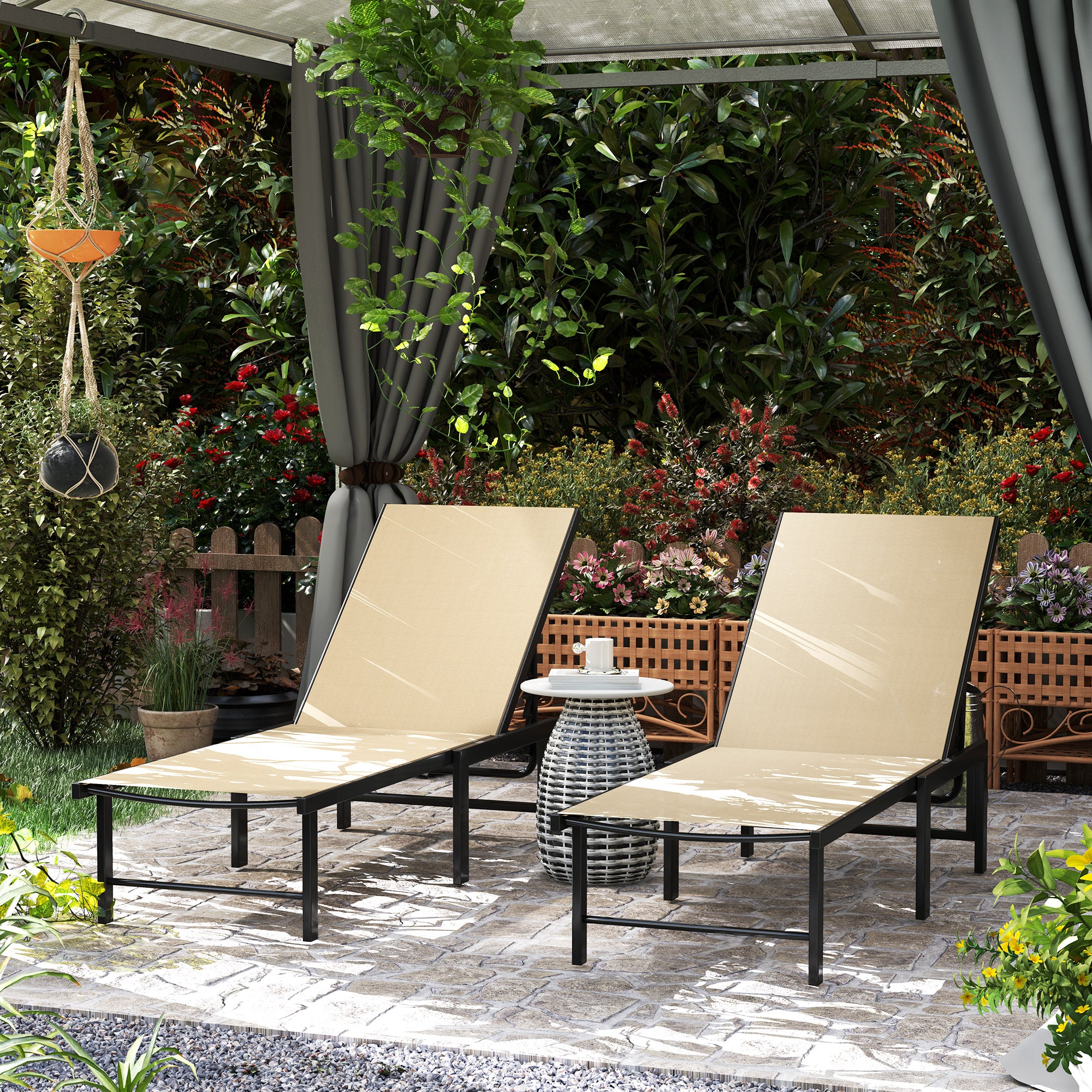 Outsunny Sun Loungers Set of 2, 5-Level Reclining Sunbeds, Khaki - Image 2