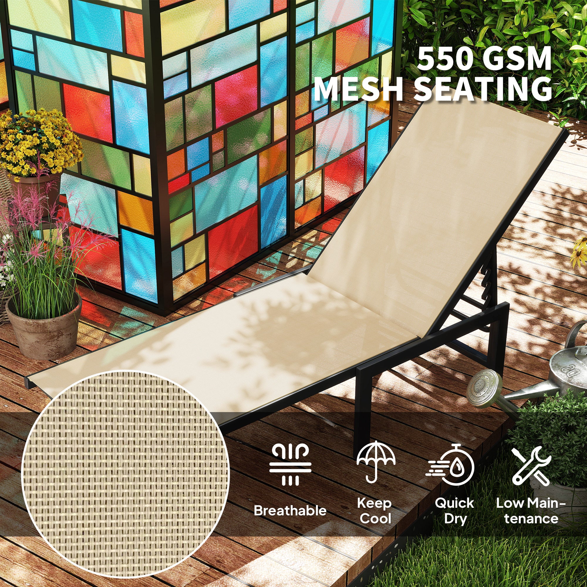 Outsunny Sun Loungers Set of 2, 5-Level Reclining Sunbeds, Khaki - Image 4