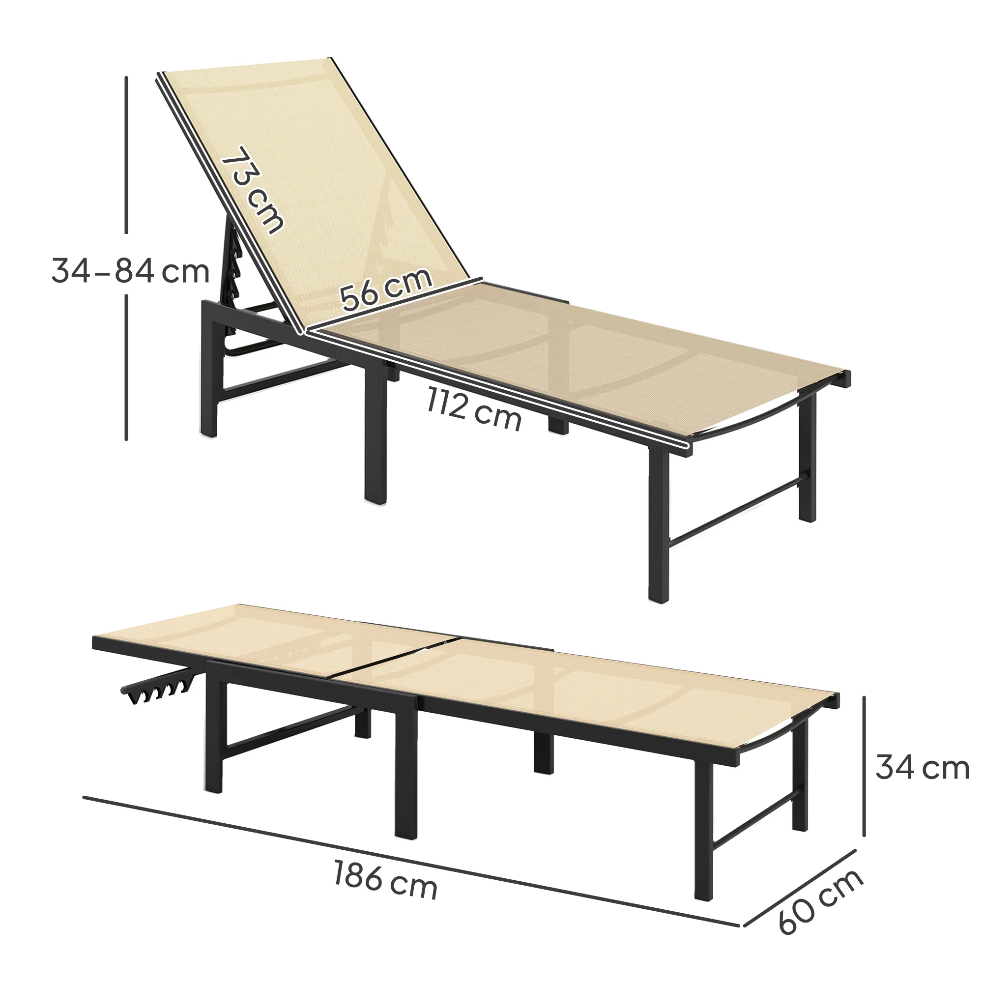 Outsunny Sun Loungers Set of 2, 5-Level Reclining Sunbeds, Khaki - Image 5