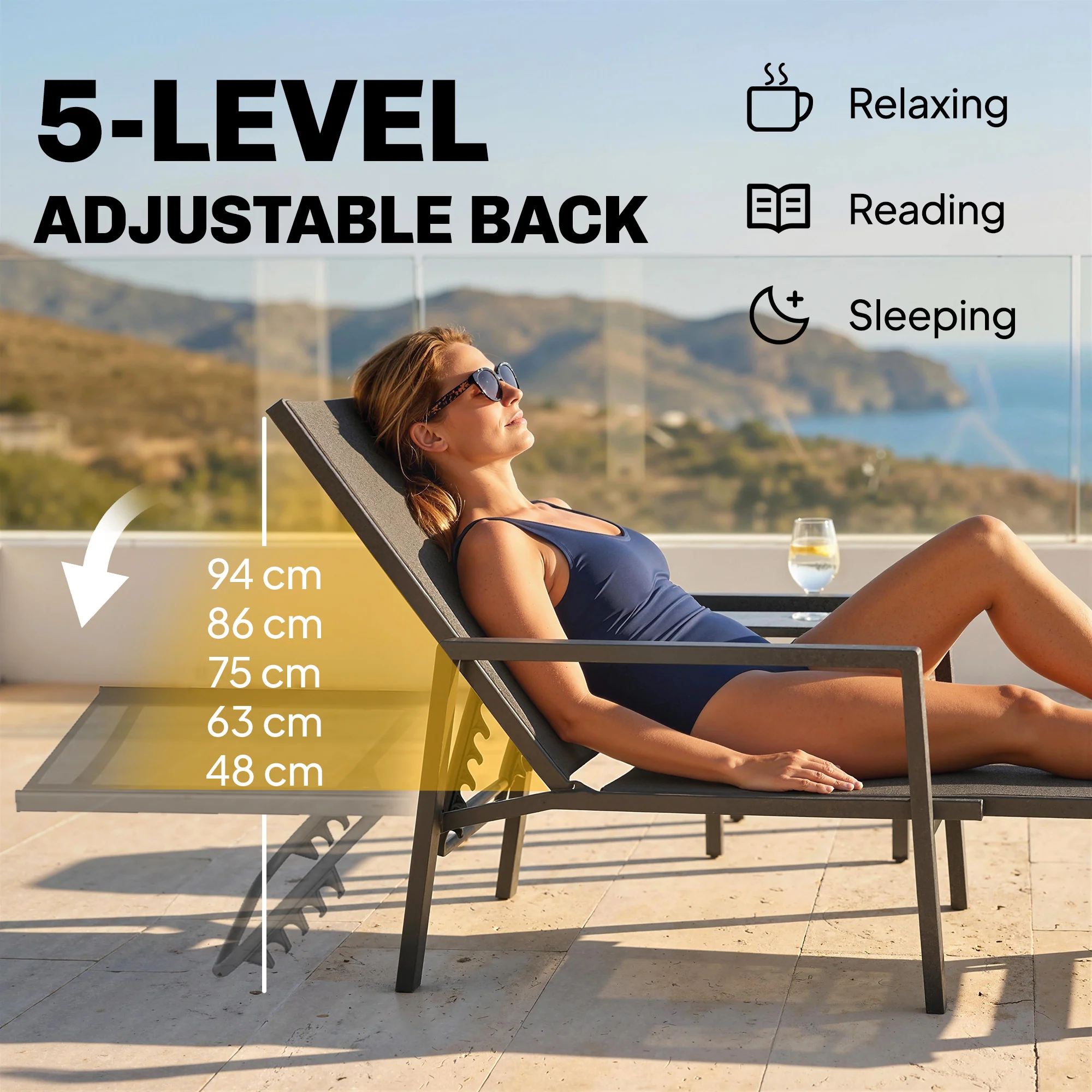 Outsunny Sun Loungers Set of 2 w/ Retractable Footrest 5-Position Adjustable - Image 4