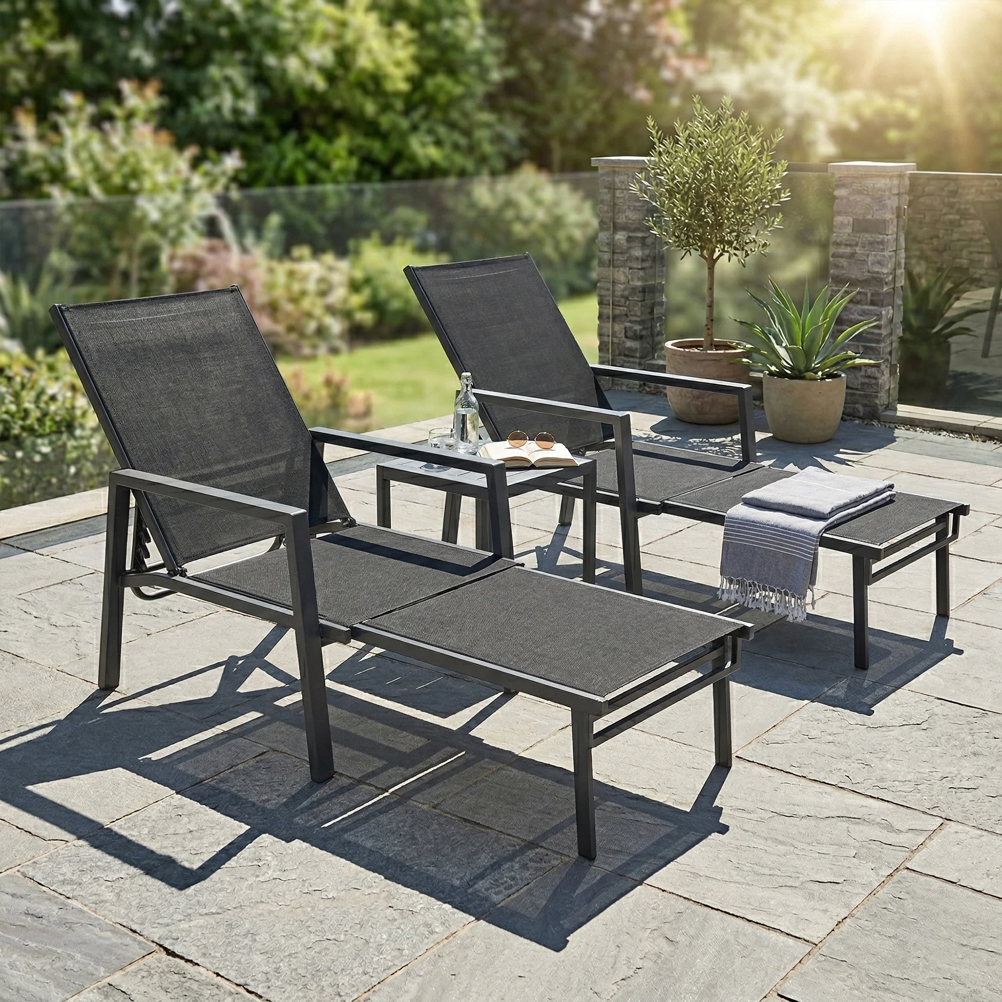Outsunny Sun Loungers Set of 2 w/ Retractable Footrest 5-Position Adjustable - Image 9