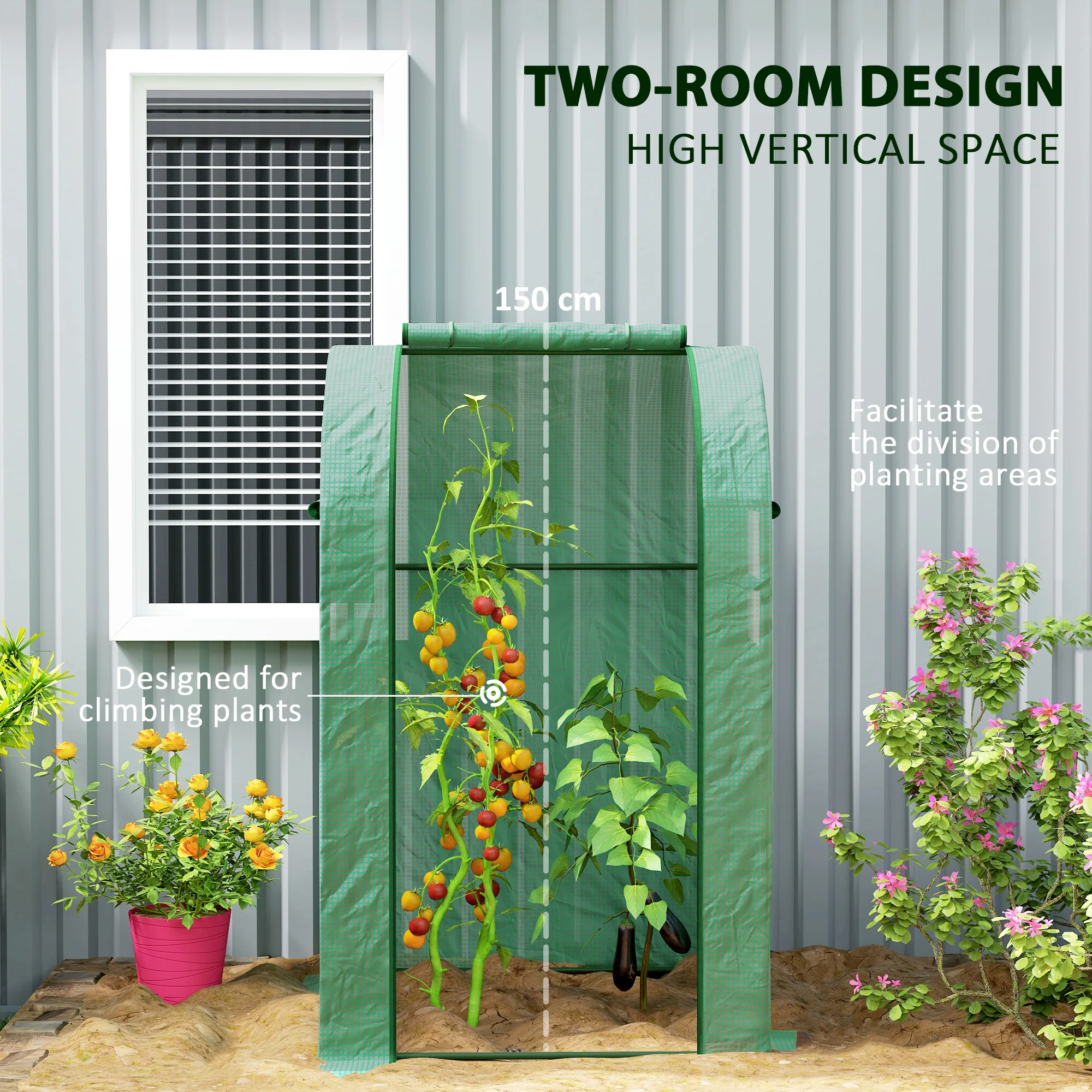 Outsunny Tomato Greenhouse with Roll-up Door, 94 x 94 x 150cm, Green - Image 3