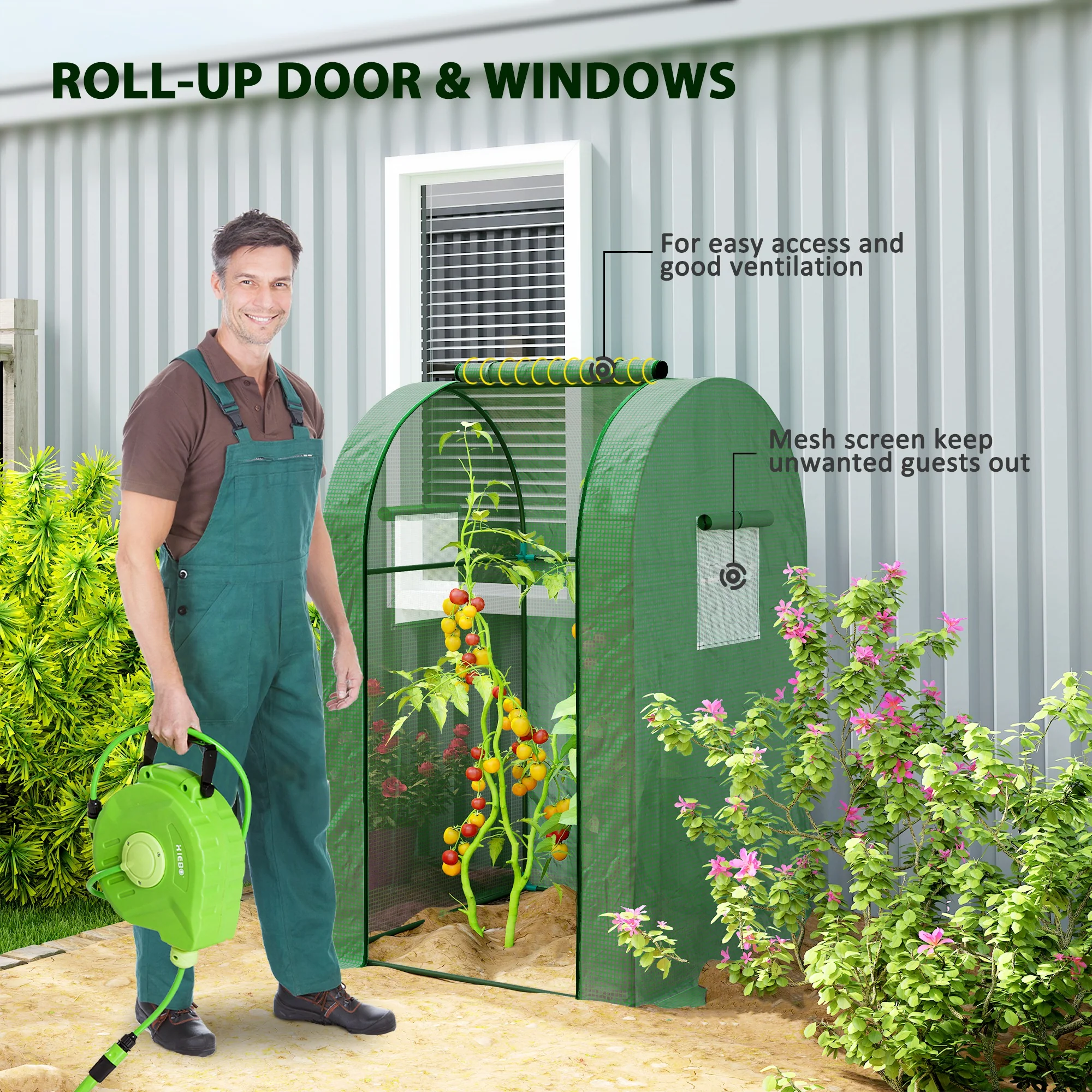 Outsunny Tomato Greenhouse with Roll-up Door, 94 x 94 x 150cm, Green - Image 6