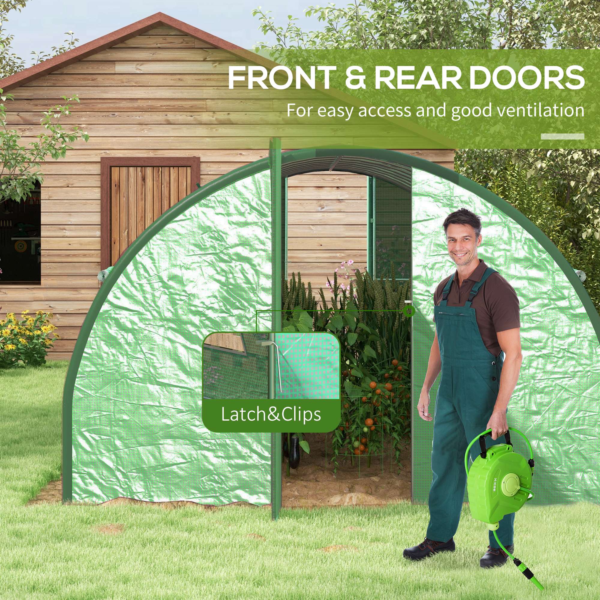 Outsunny Tunnel Greenhouse, Upgraded Structure, Hinged Doors, 6 x 3(m), Green - Image 6