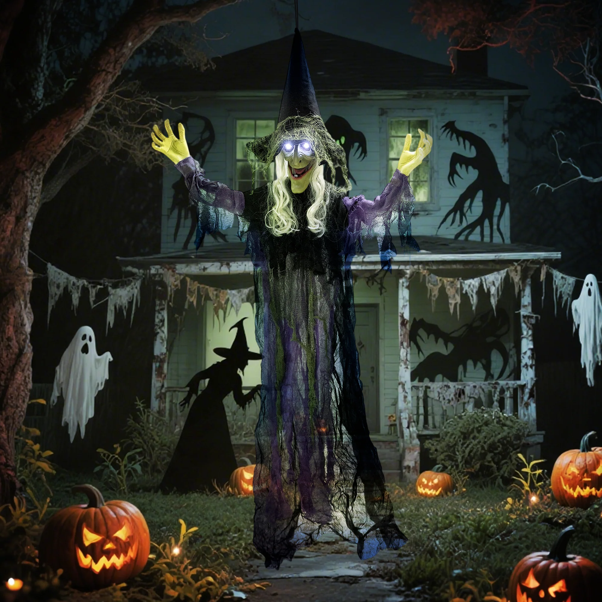 Outsunny Voice Activated Halloween Animatronics Hanging Witch, Purple - Image 2