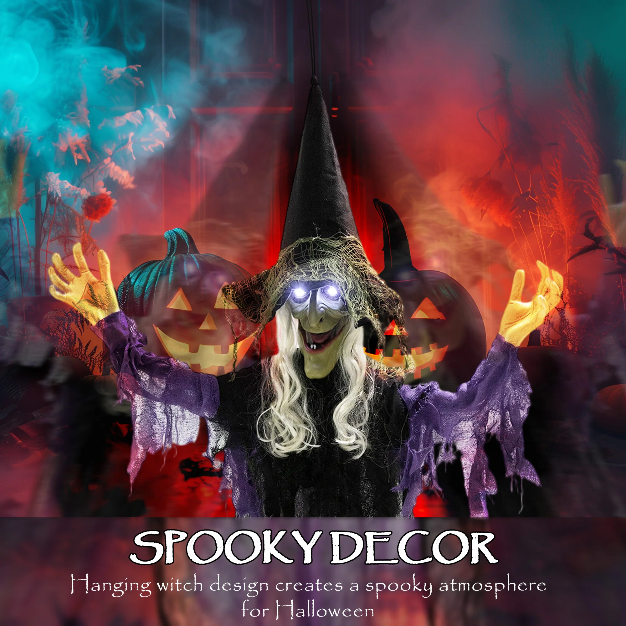 Outsunny Voice Activated Halloween Animatronics Hanging Witch, Purple - Image 3
