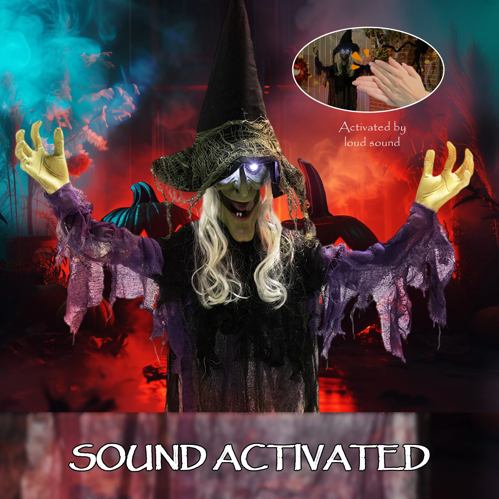 Outsunny Voice Activated Halloween Animatronics Hanging Witch, Purple - Image 5