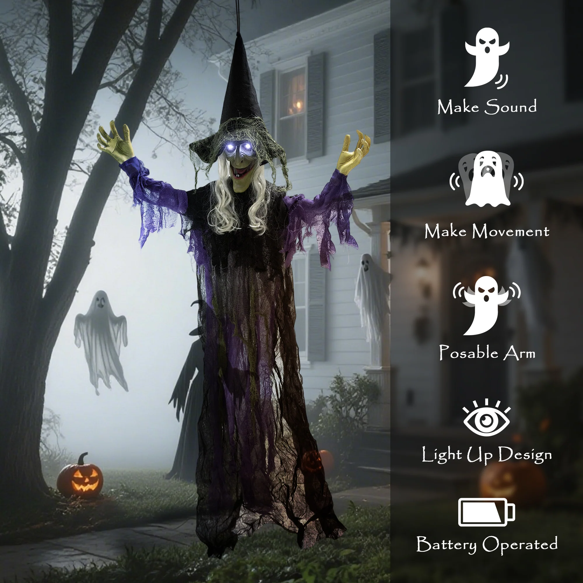 Outsunny Voice Activated Halloween Animatronics Hanging Witch, Purple - Image 6