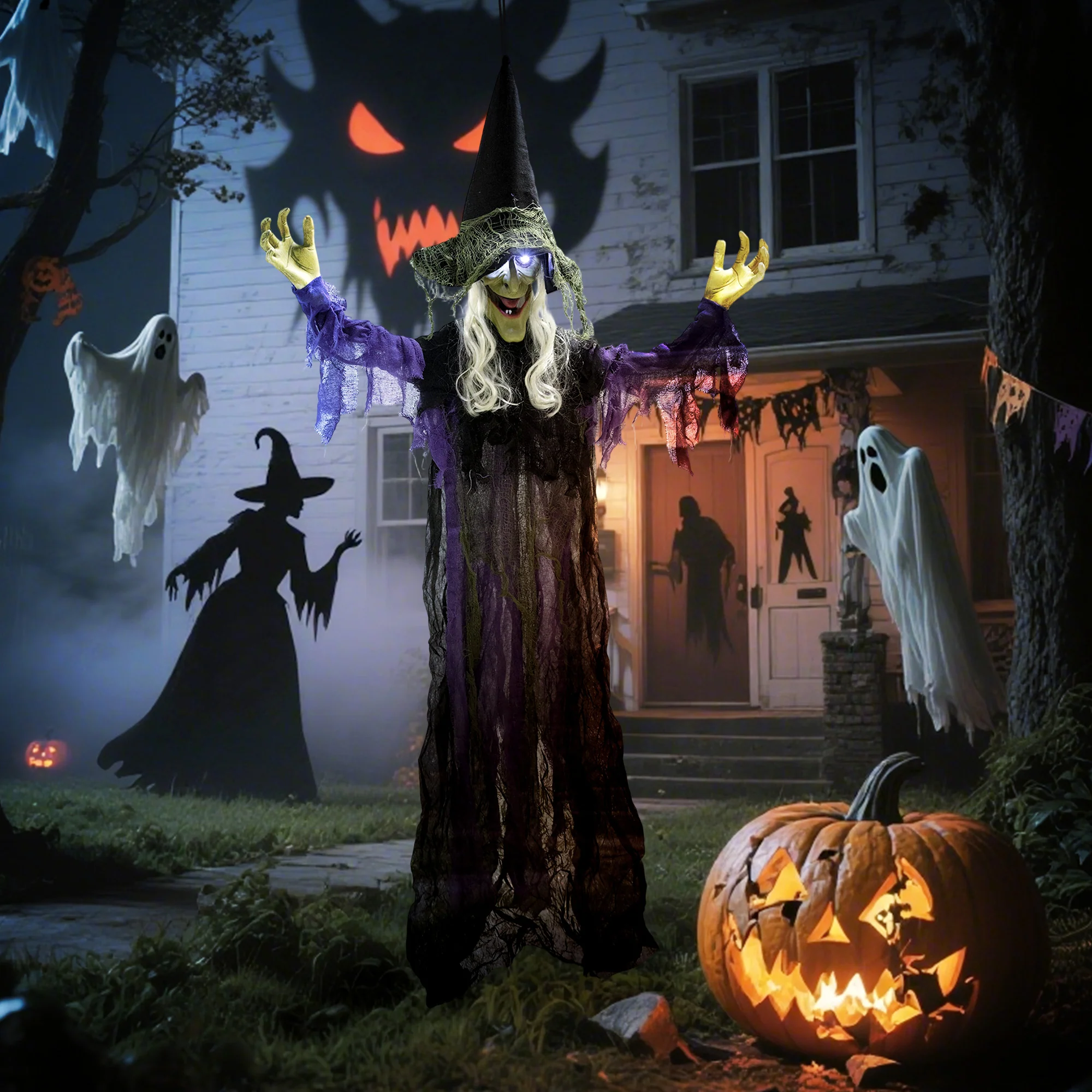 Outsunny Voice Activated Halloween Animatronics Hanging Witch, Purple - Image 7